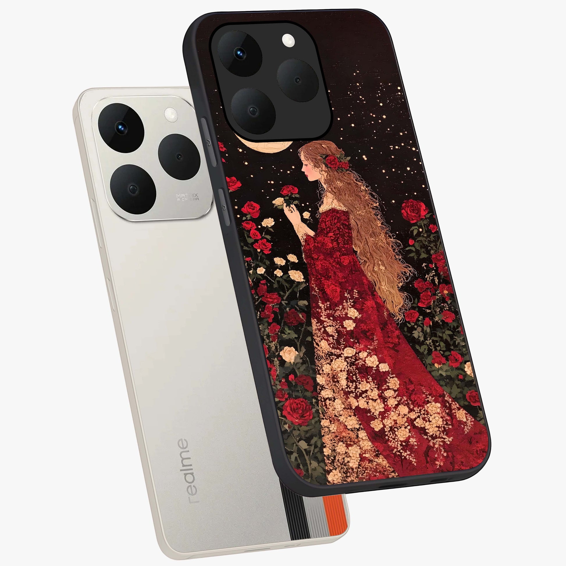 Crimson Dreams Glass Case displayed in angled mockup highlighting soft crimson aesthetic design with artistic theme.