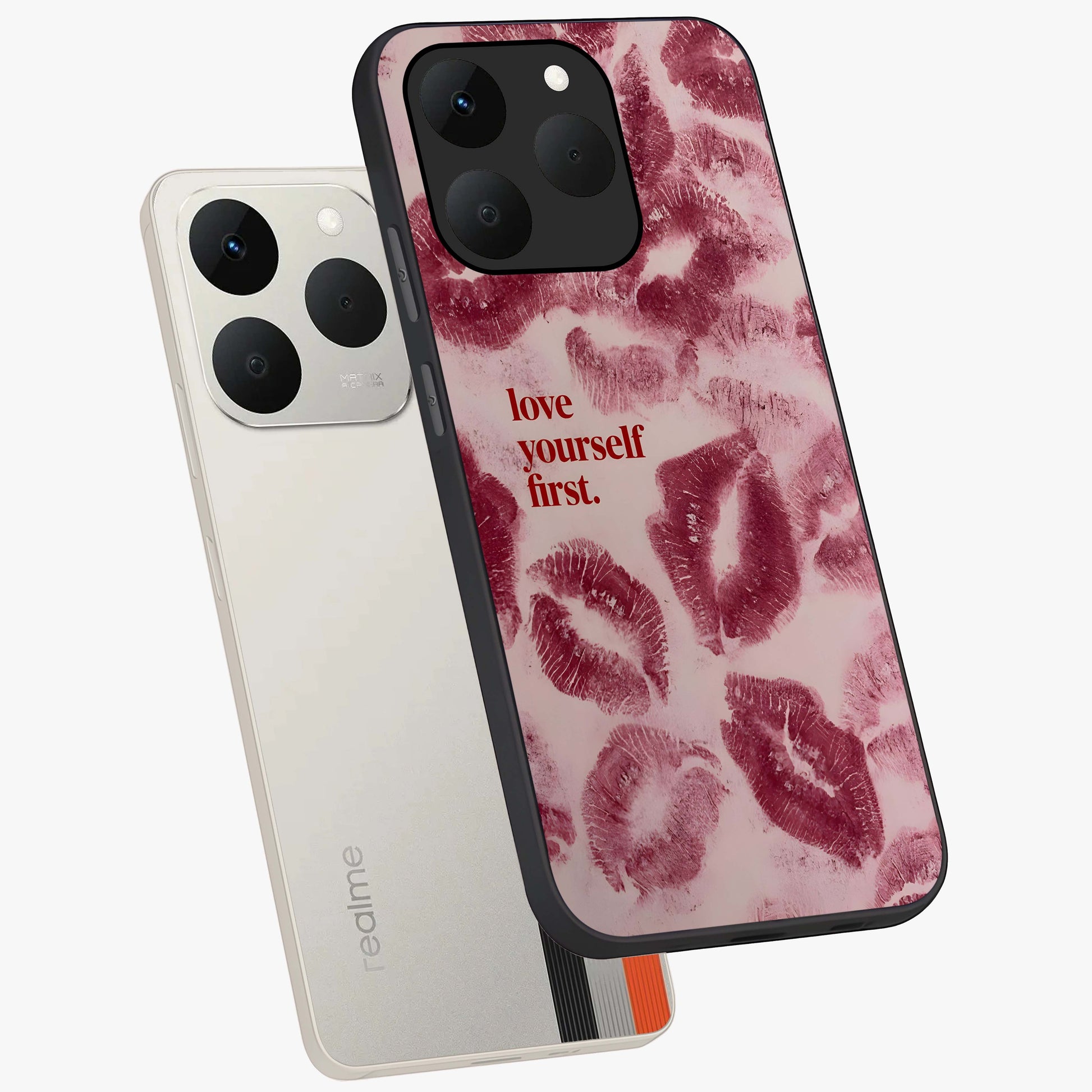 Crimson Kiss Love Glass Case displayed in angled mockup highlighting bold love inspired design with modern aesthetic style.