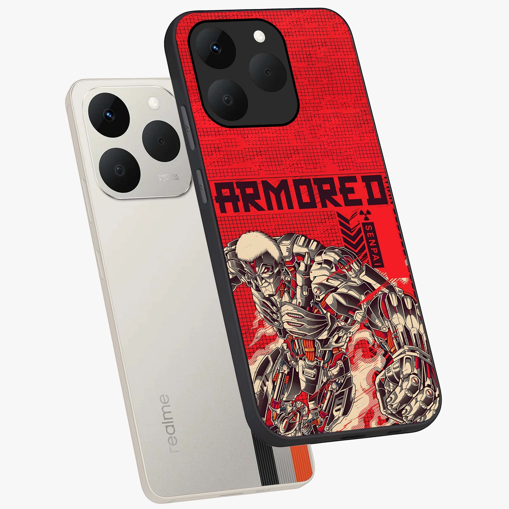 Crimson Mecha Titan Glass Case displayed in angled mockup highlighting futuristic mech illustration with bold crimson aesthetic.