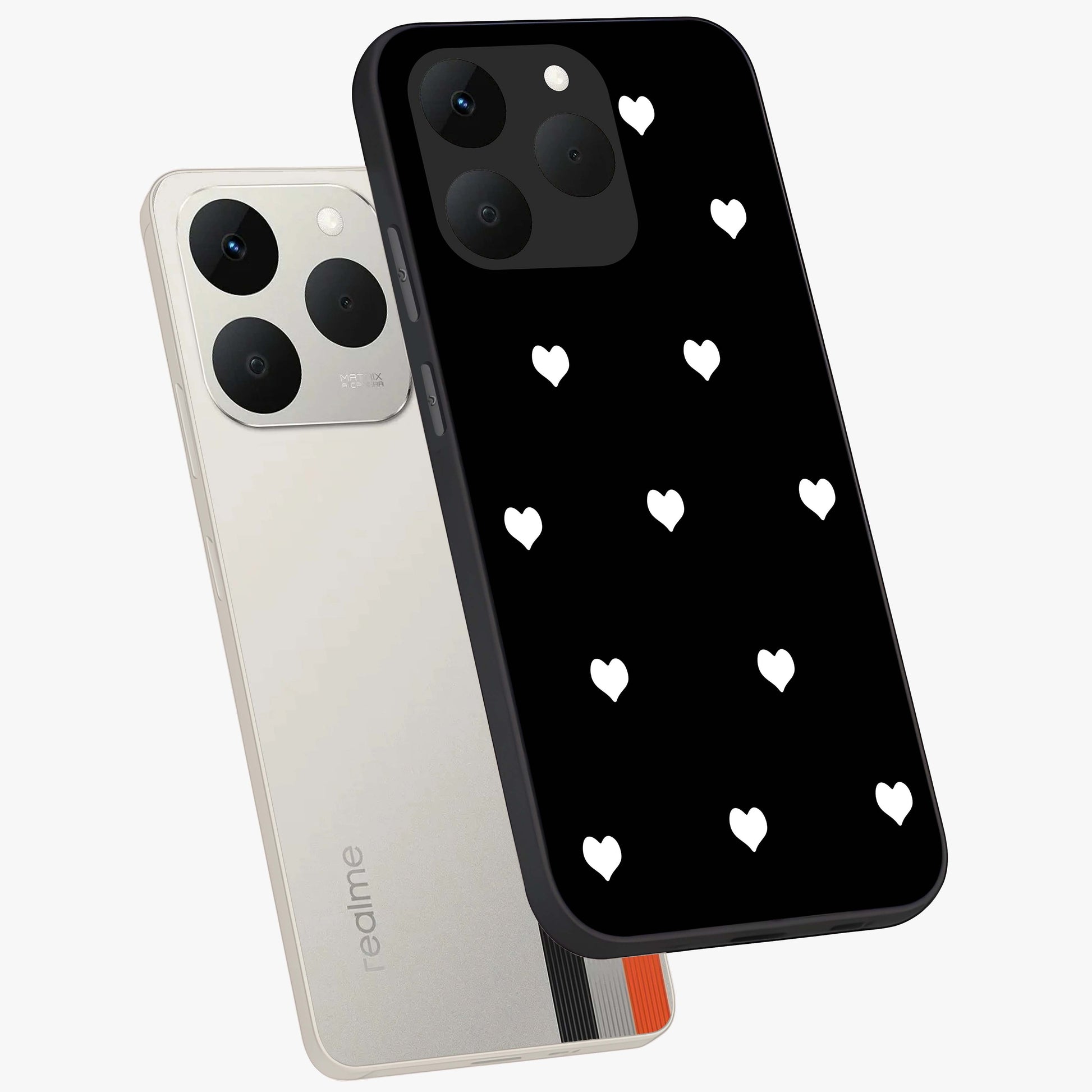 Cute And Simple White Hearts Glass Case displayed in angled mockup highlighting cute heart design with clean aesthetic style.