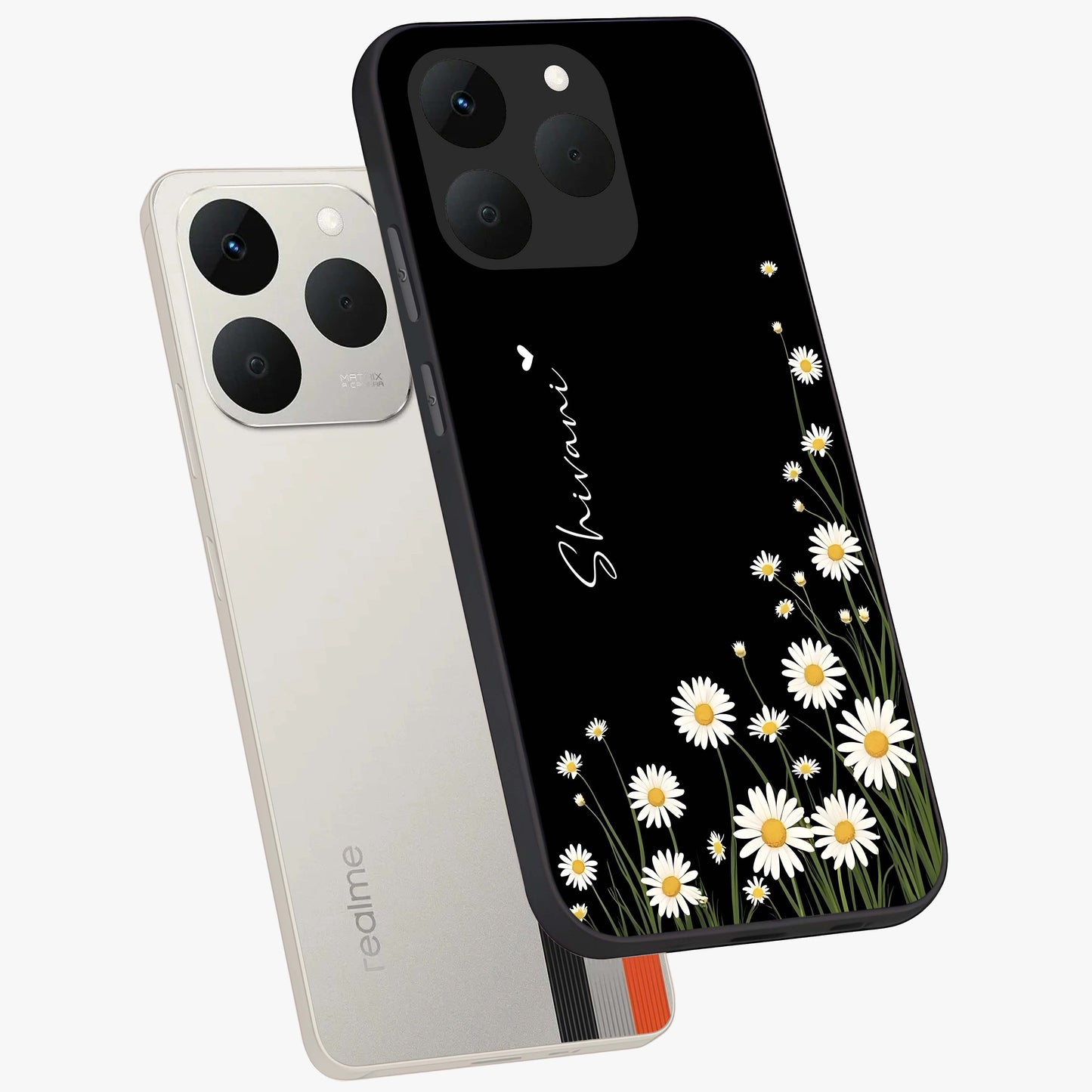 Daisy Cascade Custom Name Glass Case displayed in angled mockup highlighting delicate daisy artwork with custom name feature.