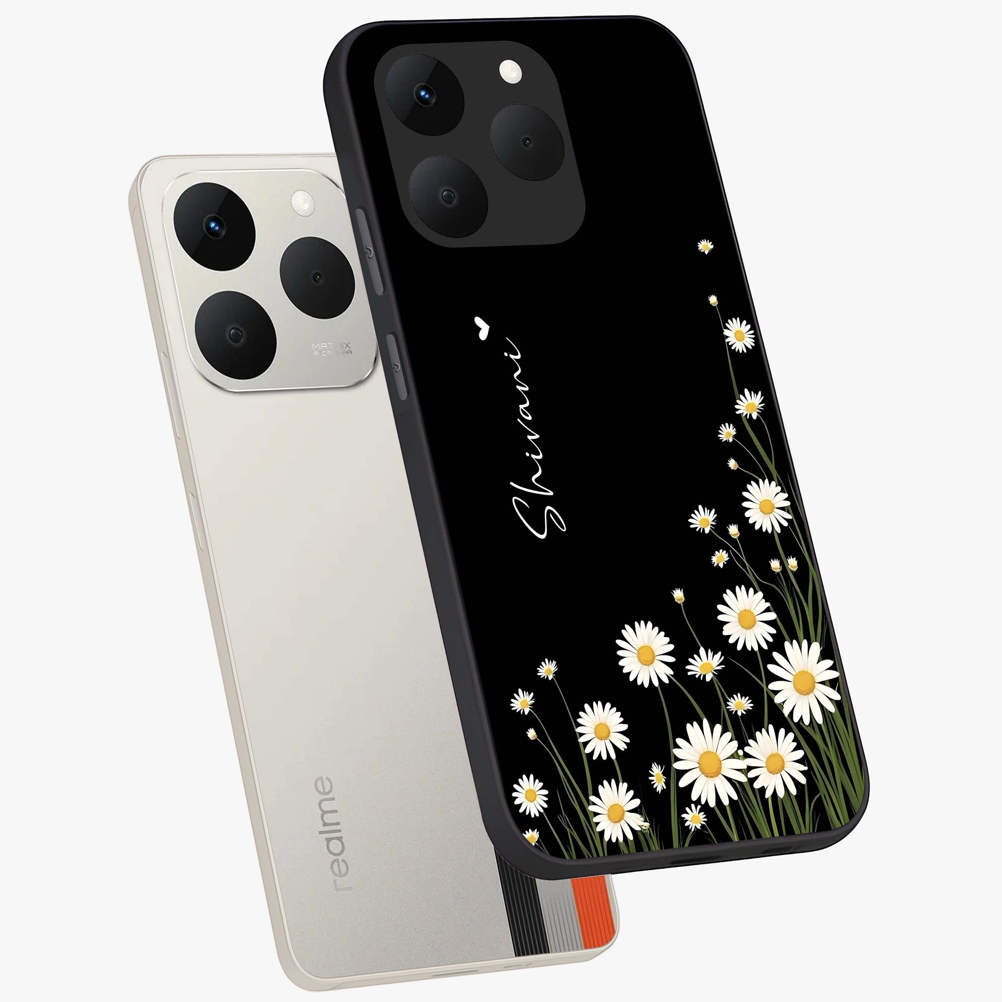 Daisy Cascade Custom Name Glass Case displayed in angled mockup highlighting delicate daisy artwork with custom name feature.
