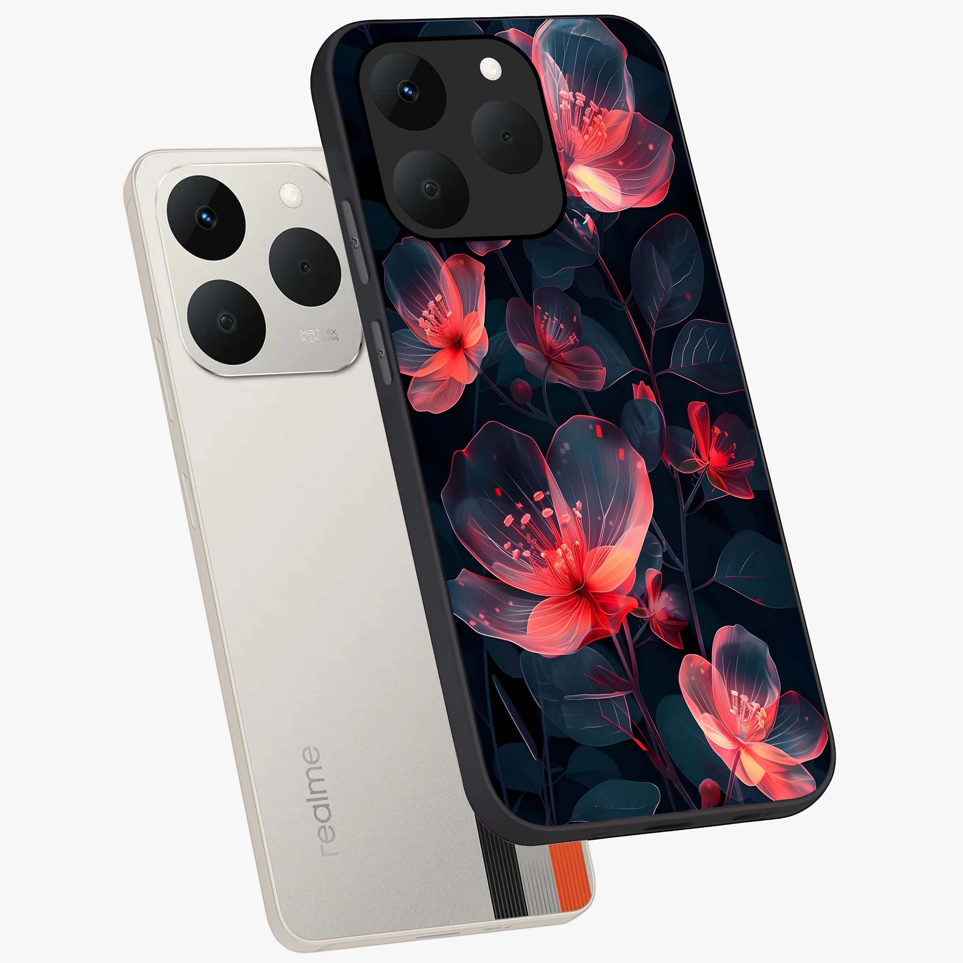 Dark Shade of Flower Glass Case displayed in angled mockup highlighting moody floral illustration with aesthetic dark tones.