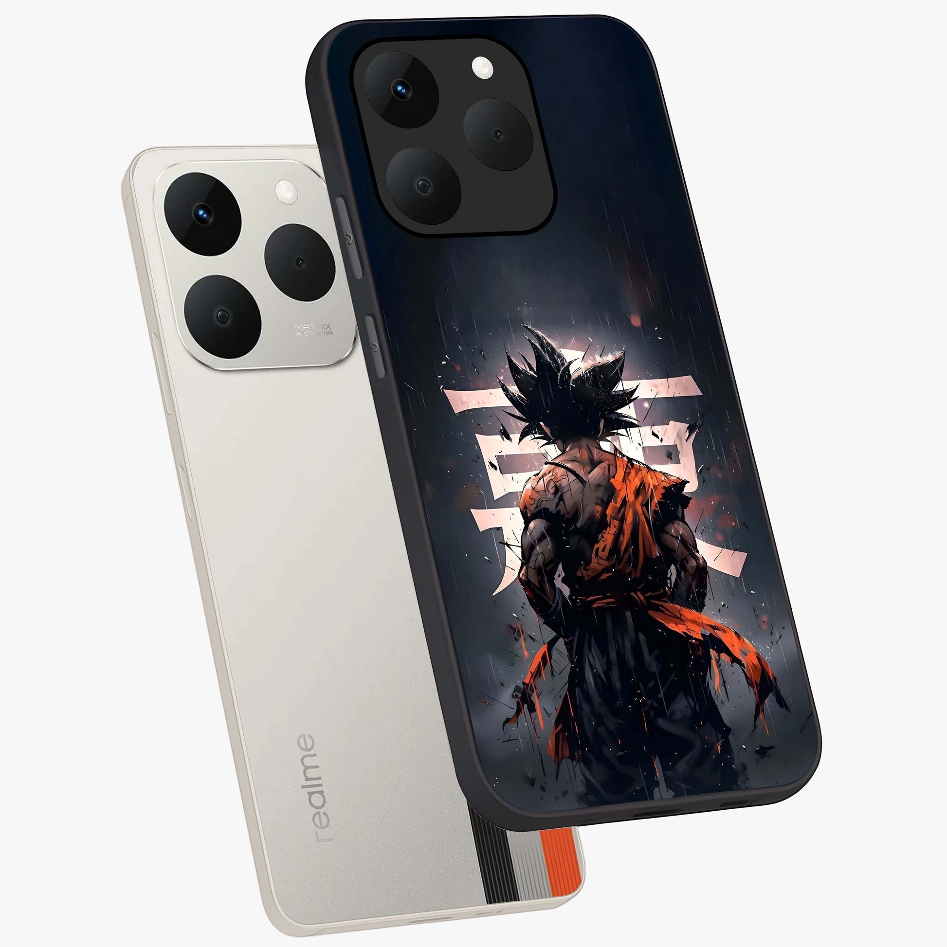 Dark Warrior In Rain Glass Case displayed in angled mockup highlighting dramatic warrior illustration with dark rain aesthetic.