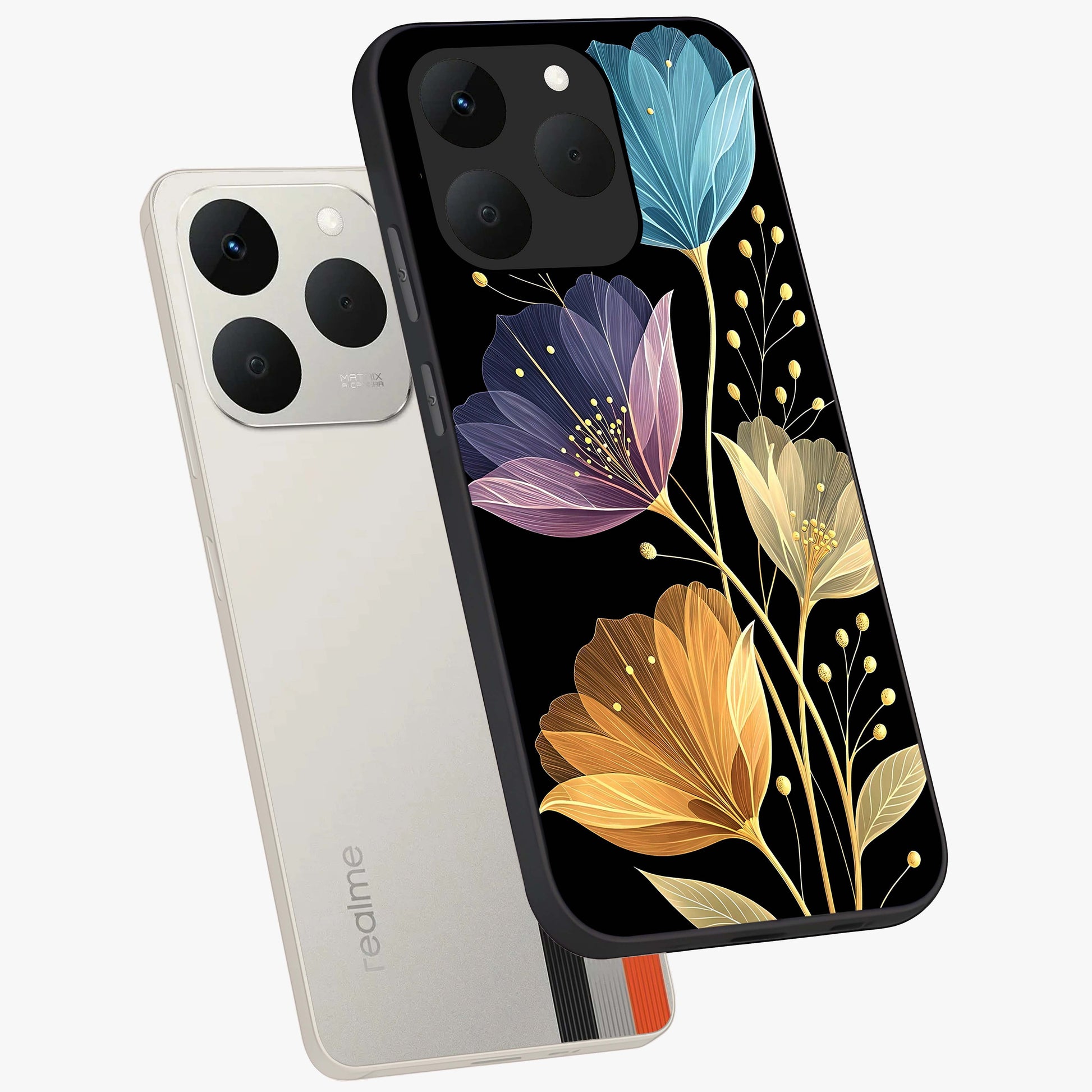 Delicate Multicolor Flowers Glass Case displayed in angled mockup highlighting colorful flower pattern with soft aesthetic style.