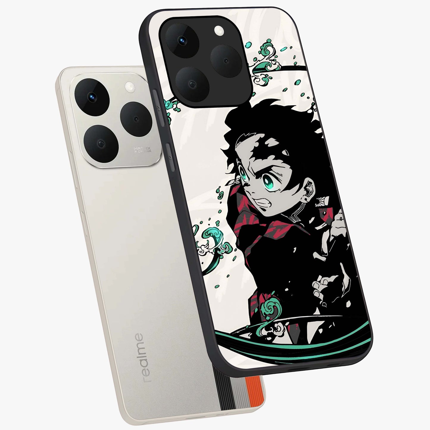 Demon Slayer Glass Case displayed in angled mockup highlighting dramatic anime character design with action aesthetic.