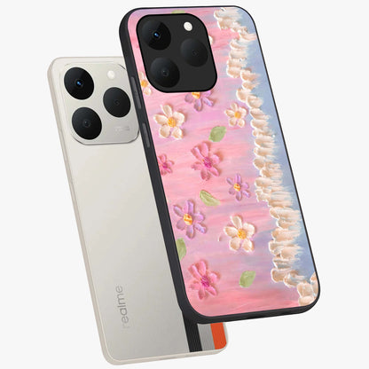 Dreamy Painted Garden Glass Case displayed in angled mockup highlighting colorful garden illustration with dreamy aesthetic style.