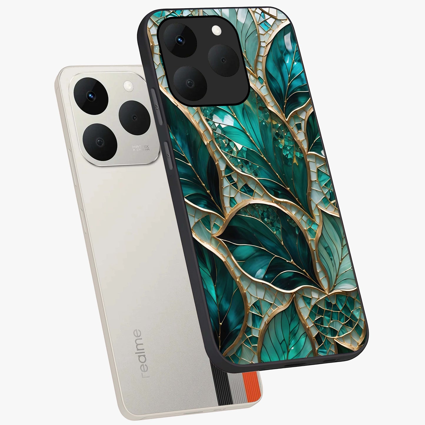 Emerald Leaf Glass Glass Case displayed in angled mockup highlighting botanical leaf illustration with elegant natural aesthetic.