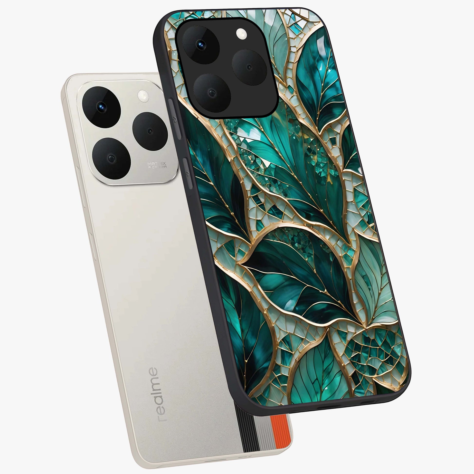 Emerald Leaf Glass Glass Case displayed in angled mockup highlighting botanical leaf illustration with elegant natural aesthetic.
