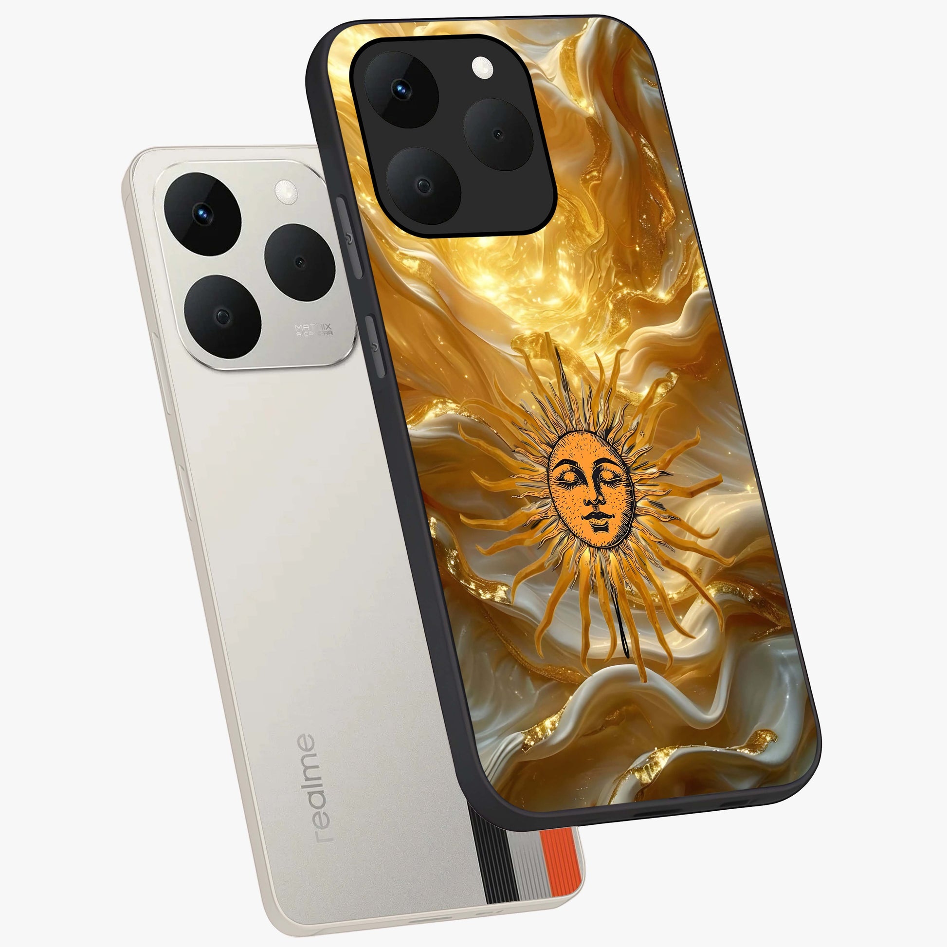 Eternal Golden Glow Glass Case displayed in angled mockup highlighting glowing golden aesthetic design with elegant style.