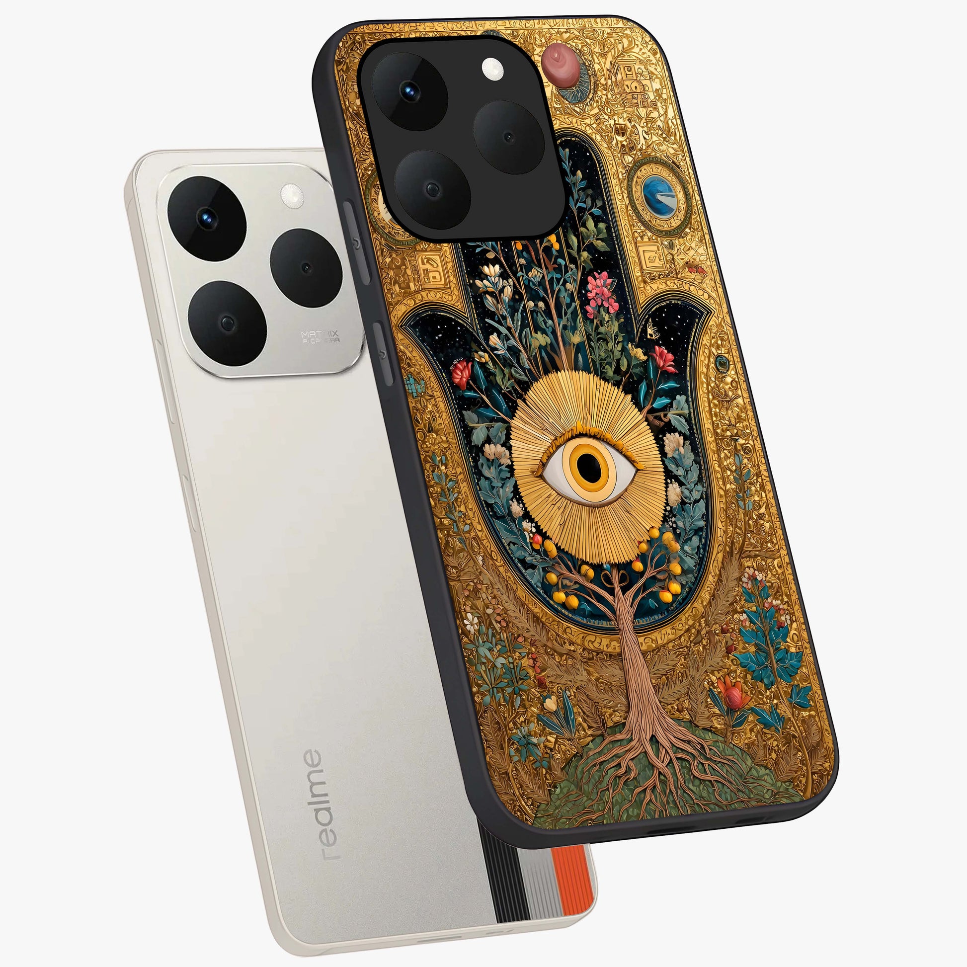 Ethereal Evil Eye Glass Case displayed in angled mockup highlighting protective evil eye symbol with spiritual aesthetic design.