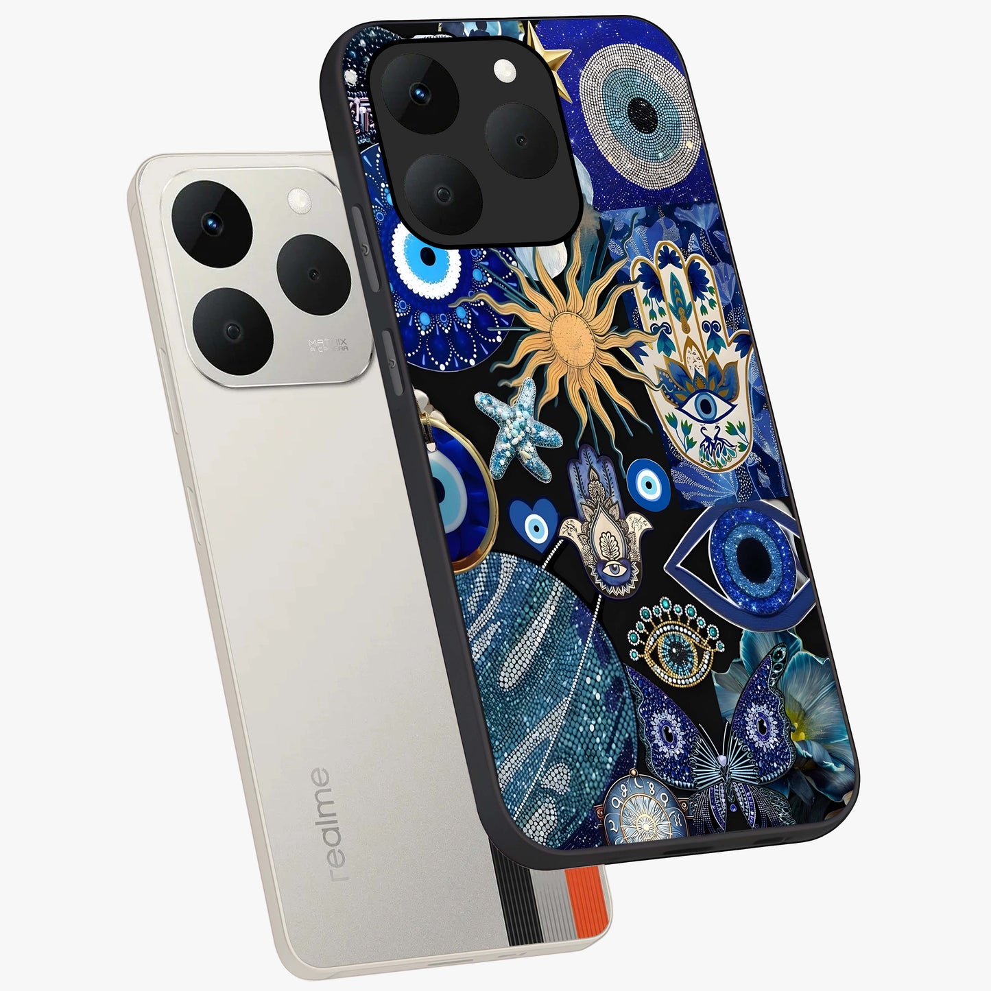 Evil Eye Charm Mix Glass Case displayed in angled mockup highlighting protective evil eye symbols with spiritual aesthetic design.