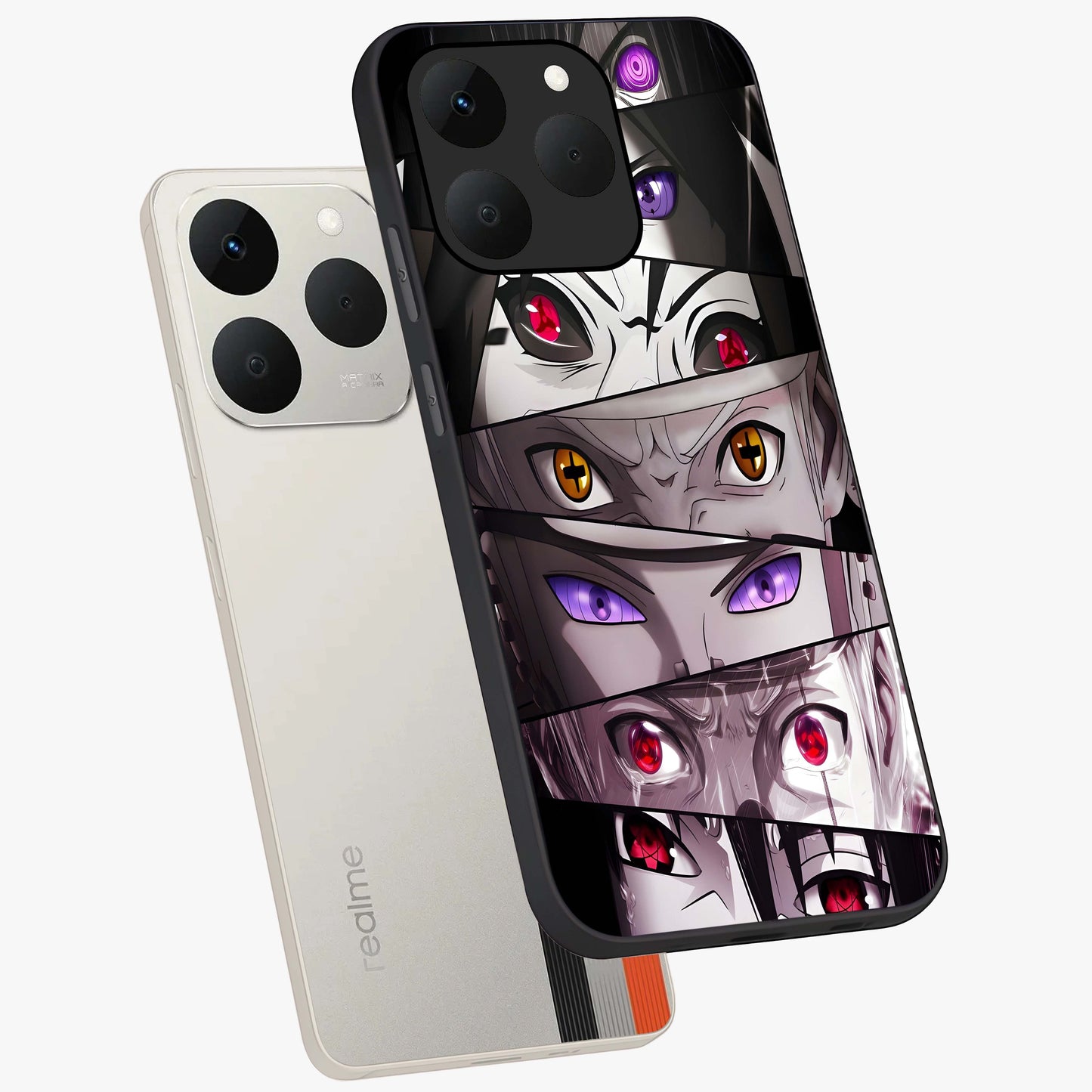 Eyes of Destiny Glass Case displayed in angled mockup highlighting bold eye illustration with mystical aesthetic style.