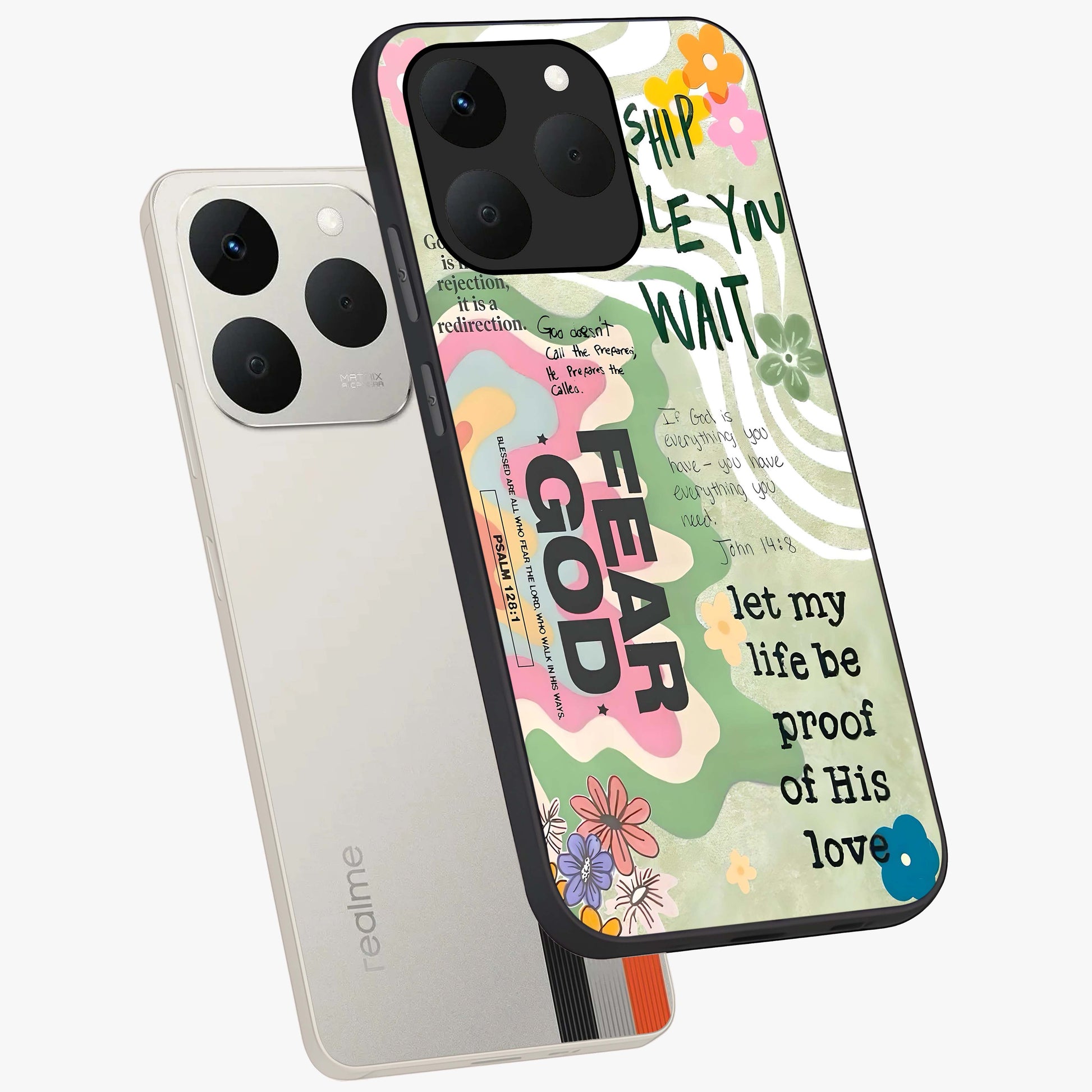 Faith Over Fear Glass Case displayed in angled mockup highlighting inspirational message design with modern aesthetic style.
