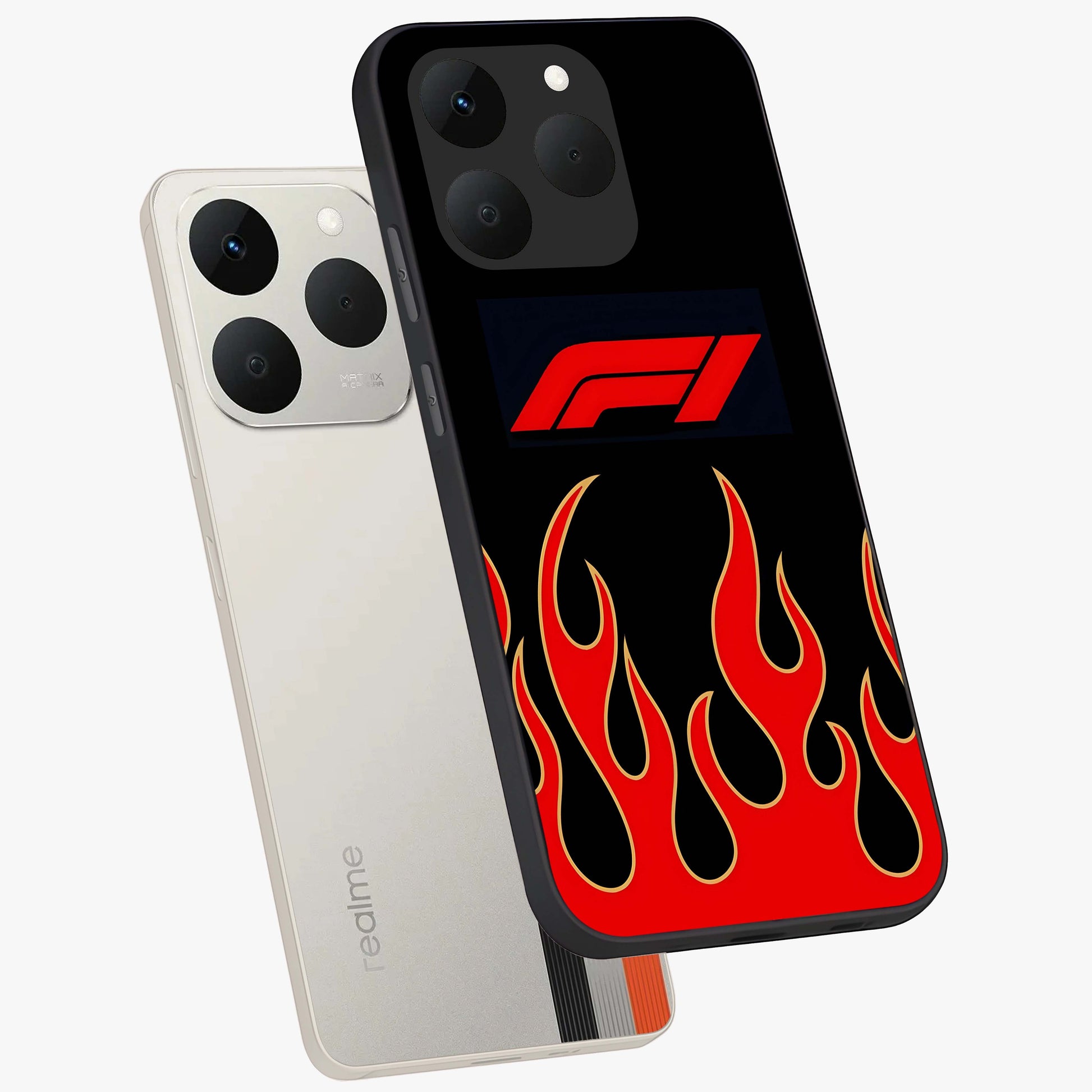 Fire F11 Glass Case displayed in angled mockup highlighting bold fire inspired graphic with energetic aesthetic style.