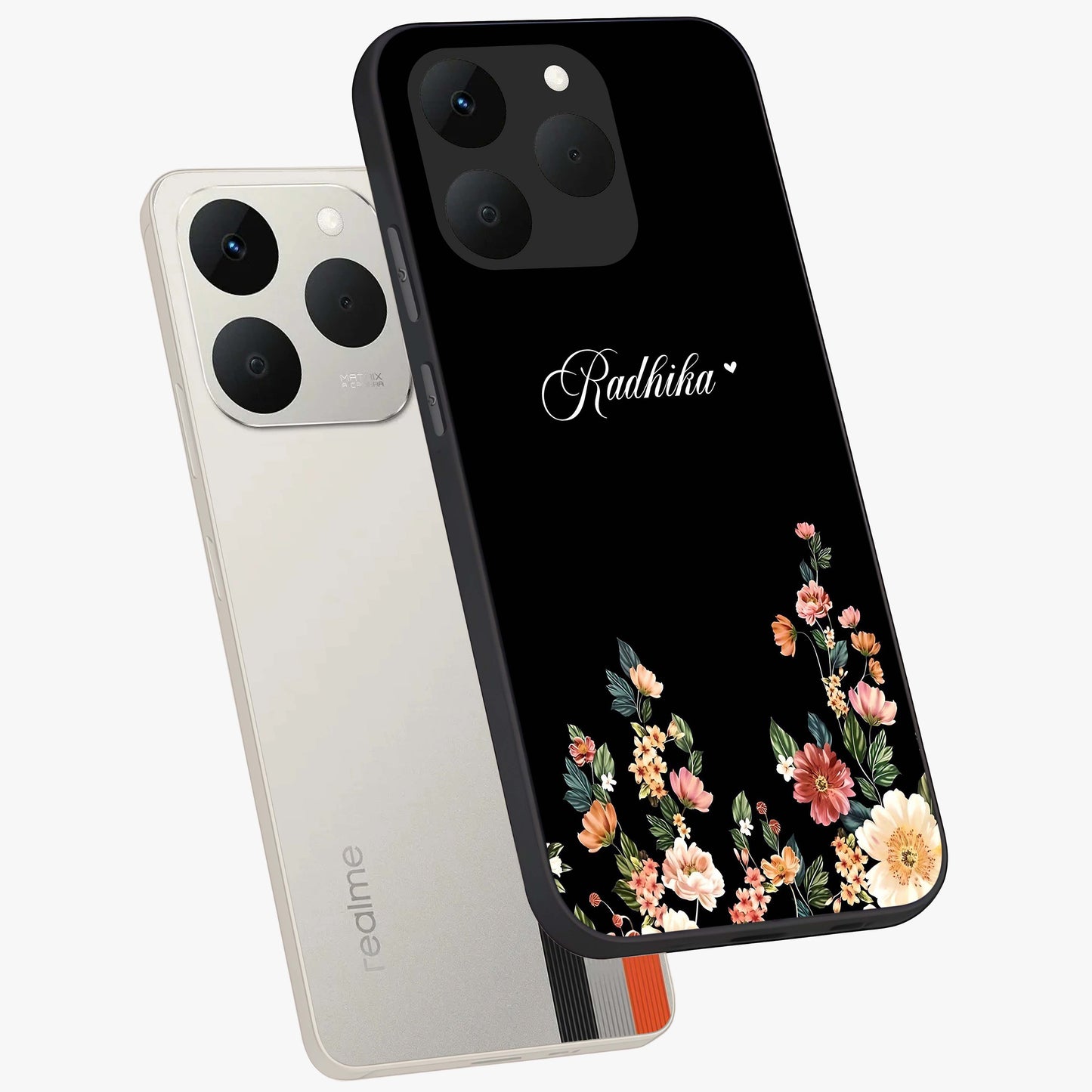 Floral Design With a Custom Personalized Name Glass Case displayed in angled mockup highlighting elegant floral pattern with custom name feature.