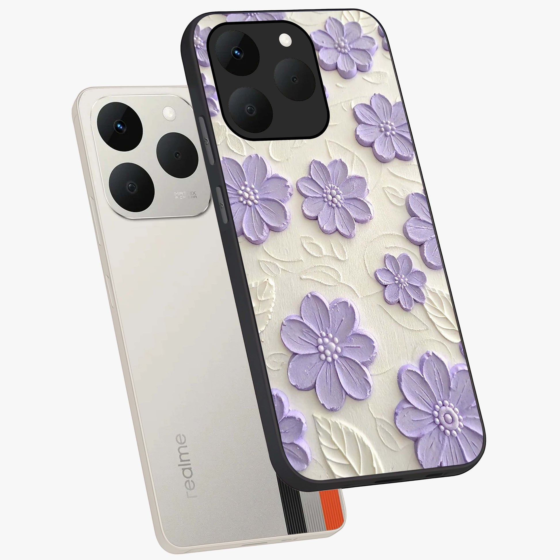 Floral Wall Art With Purple Flowers Glass Case displayed in angled mockup highlighting vibrant purple floral illustration with artistic aesthetic.