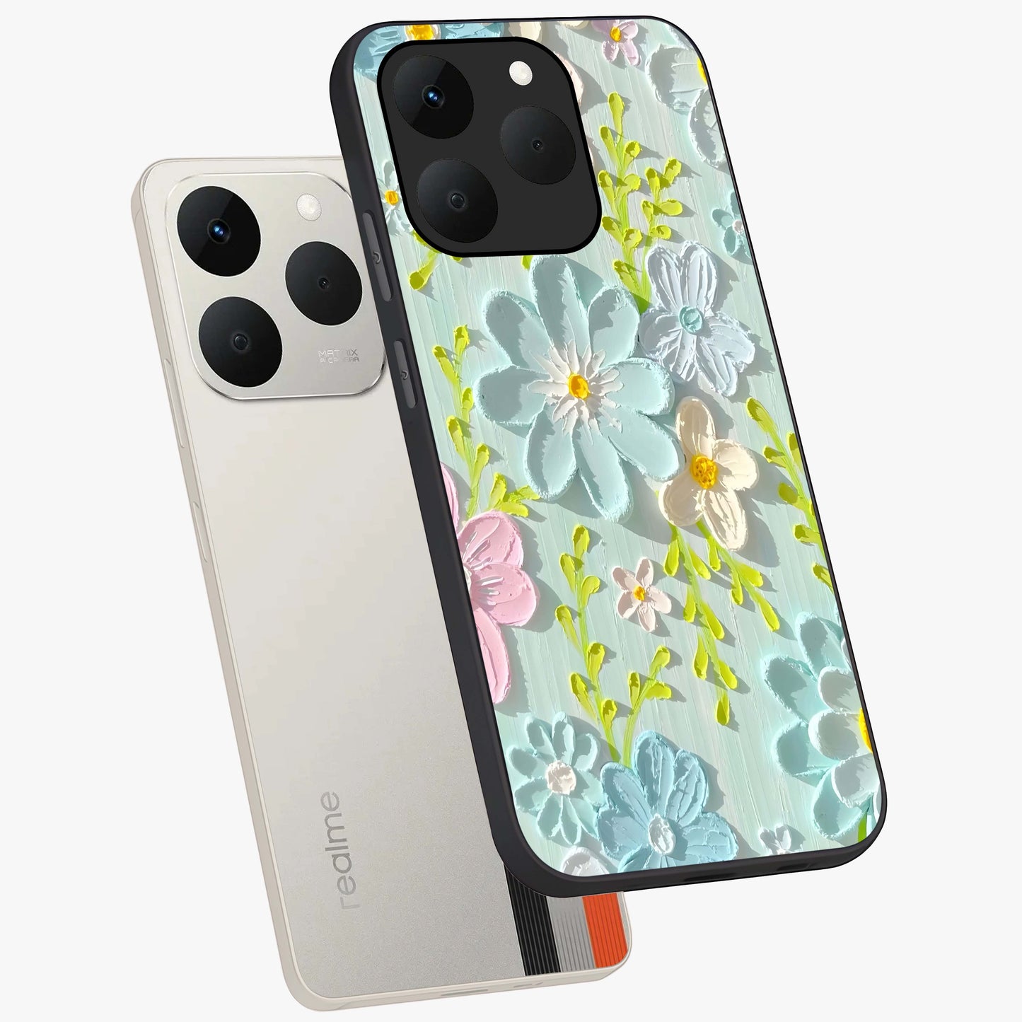 Frosted Petal Garden Glass Case displayed in angled mockup highlighting delicate flower petal design with calm garden aesthetic.