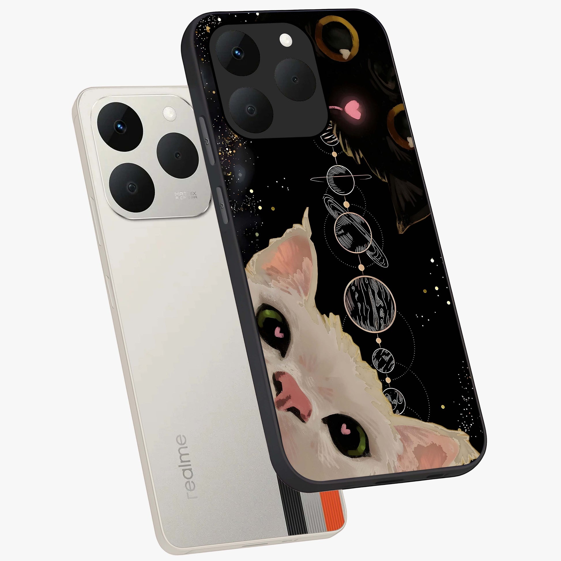 Galactic Cat Glass Case displayed in angled mockup highlighting celestial feline illustration with galaxy aesthetic style.