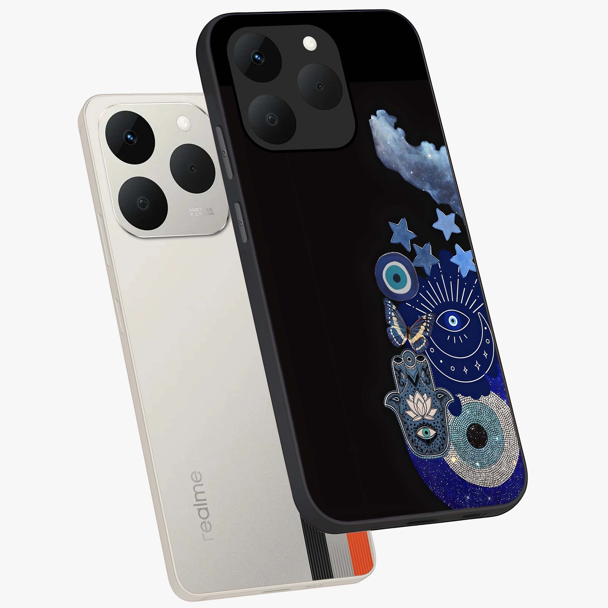 Galactic Charm Cluster Glass Case displayed in angled mockup highlighting luminous galaxy inspired design with dreamy aesthetic.