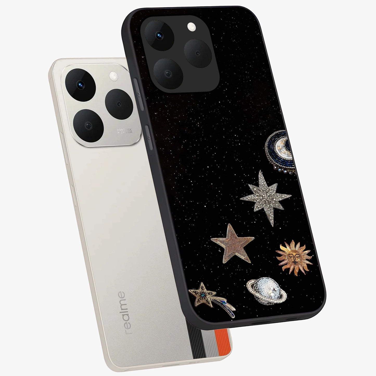 Galactic Charm Glow Glass Case displayed in angled mockup highlighting luminous galaxy inspired design with dreamy aesthetic.