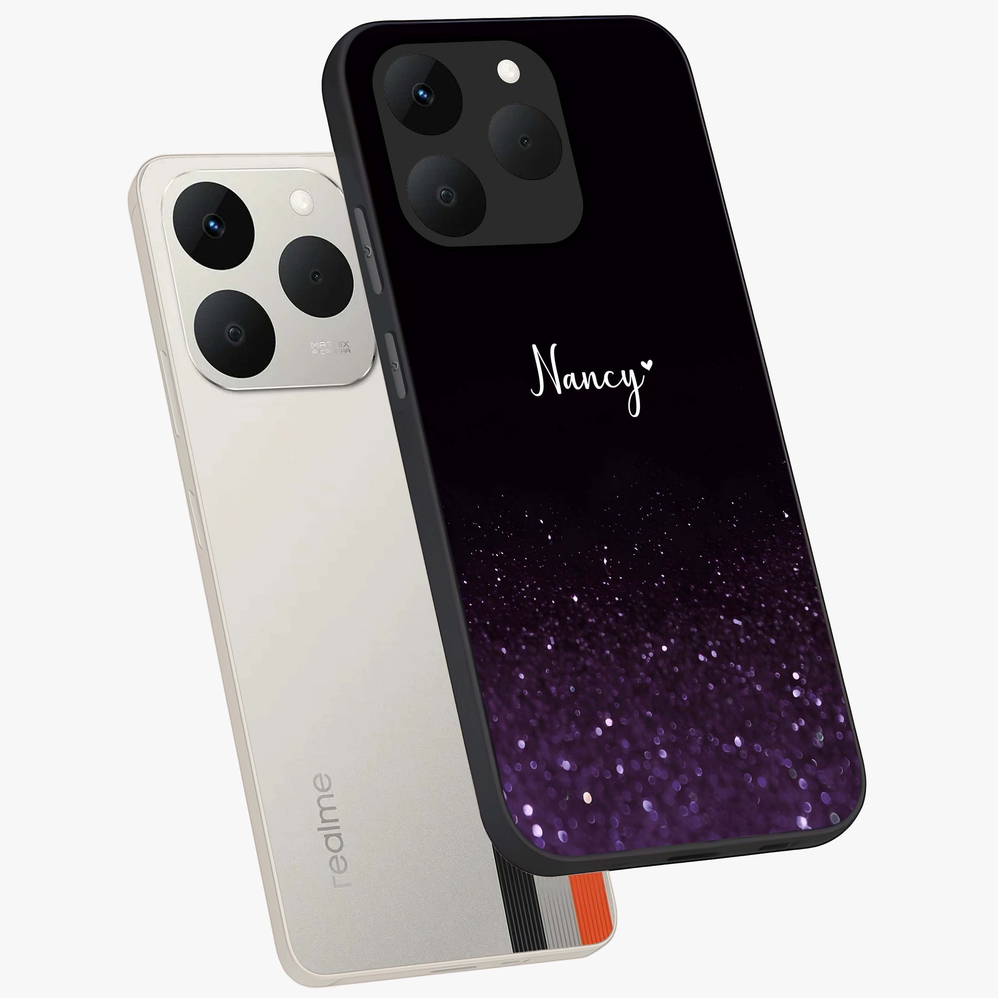 Glittery Purple Bokeh Custom Name Glass Case displayed in angled mockup highlighting glitter bokeh pattern with custom name feature.