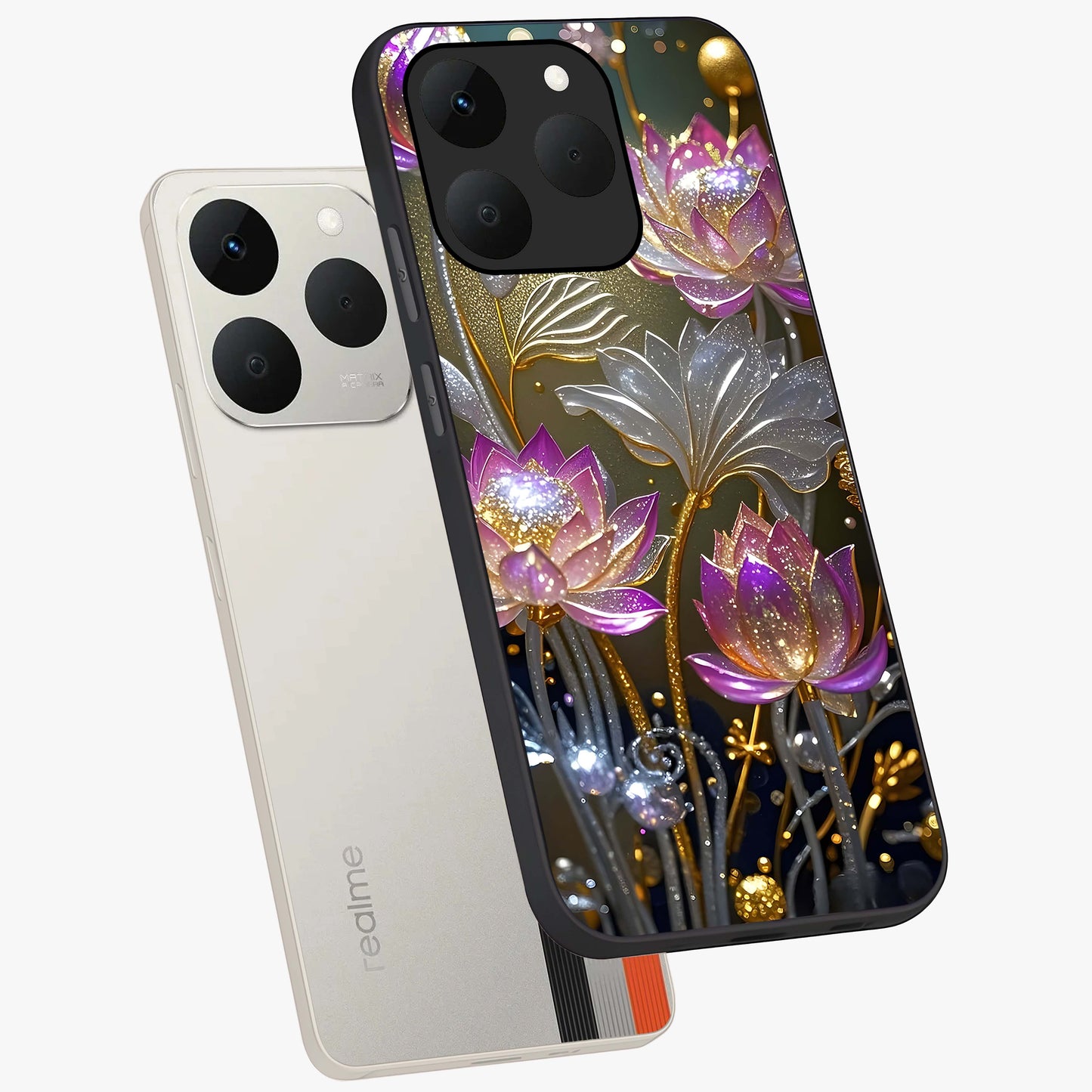 Golden Floral Majesty Glass Case displayed in angled mockup highlighting elegant flower design with royal golden aesthetic.
