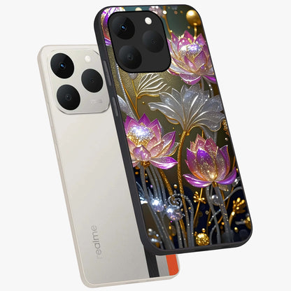 Golden Floral Majesty Glass Case displayed in angled mockup highlighting elegant flower design with royal golden aesthetic.