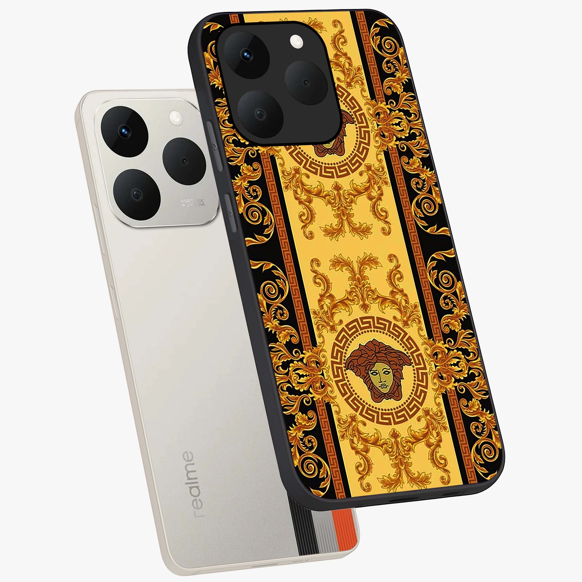 Golden Lotus Glow Glass Case displayed in angled mockup highlighting radiant lotus illustration with spiritual aesthetic.