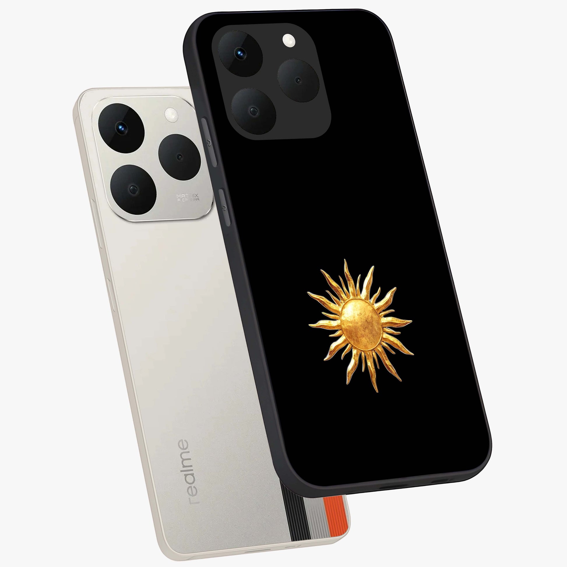 Golden Sun Minimalism Glass Case displayed in angled mockup highlighting eerie shadow illustration with gothic aesthetic.