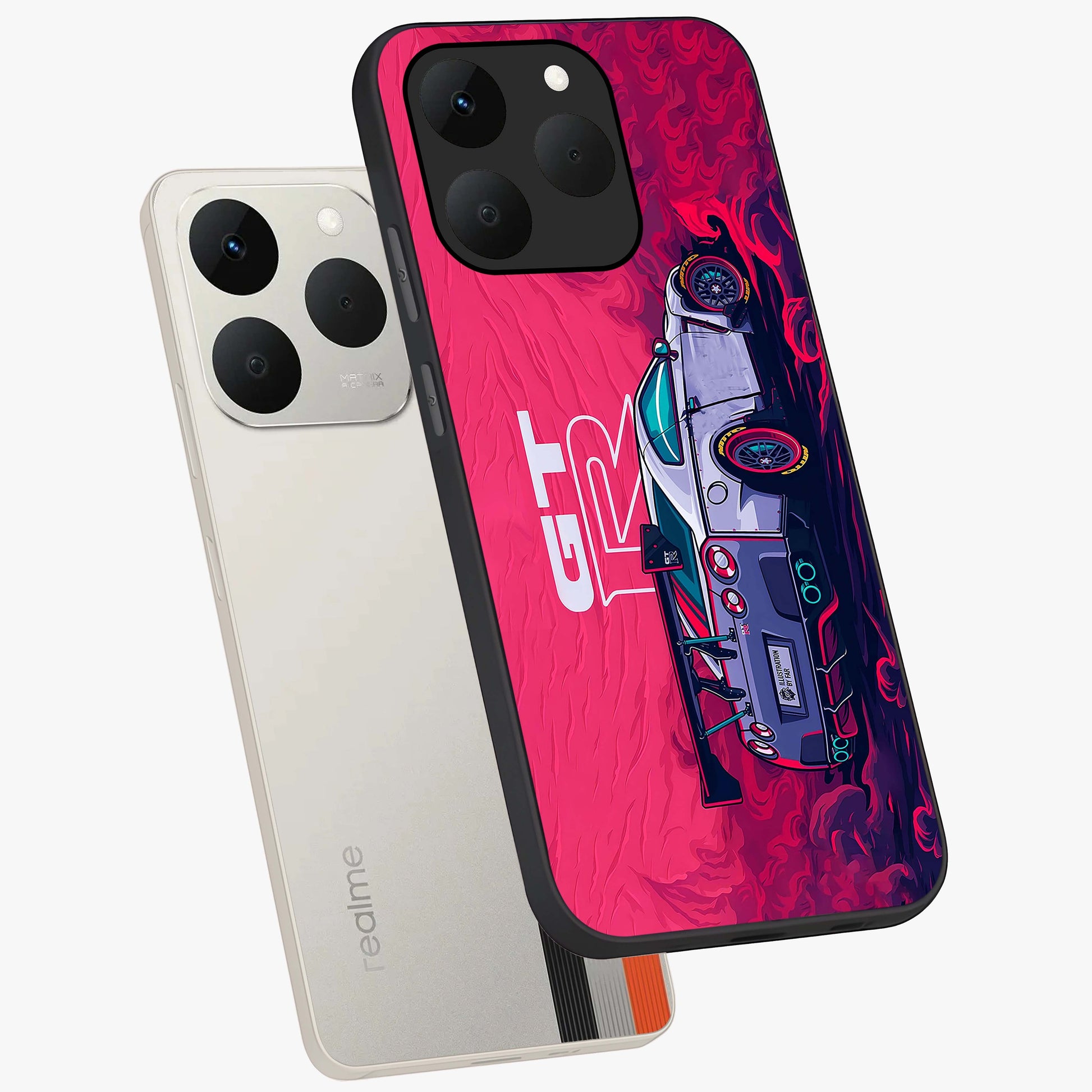 GT-R Car Pattern Glass Case displayed in angled mockup highlighting racing car graphic design with bold automotive aesthetic.