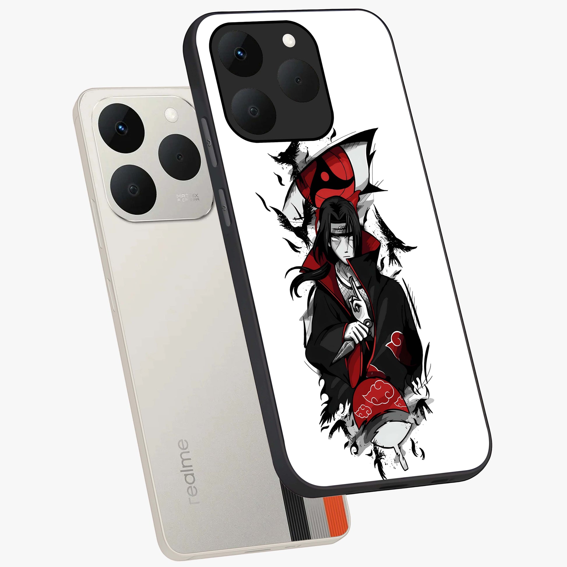 Itachi Limited Edition Naruto Anime Glass Case displayed in angled mockup highlighting dramatic anime illustration with bold action aesthetic.