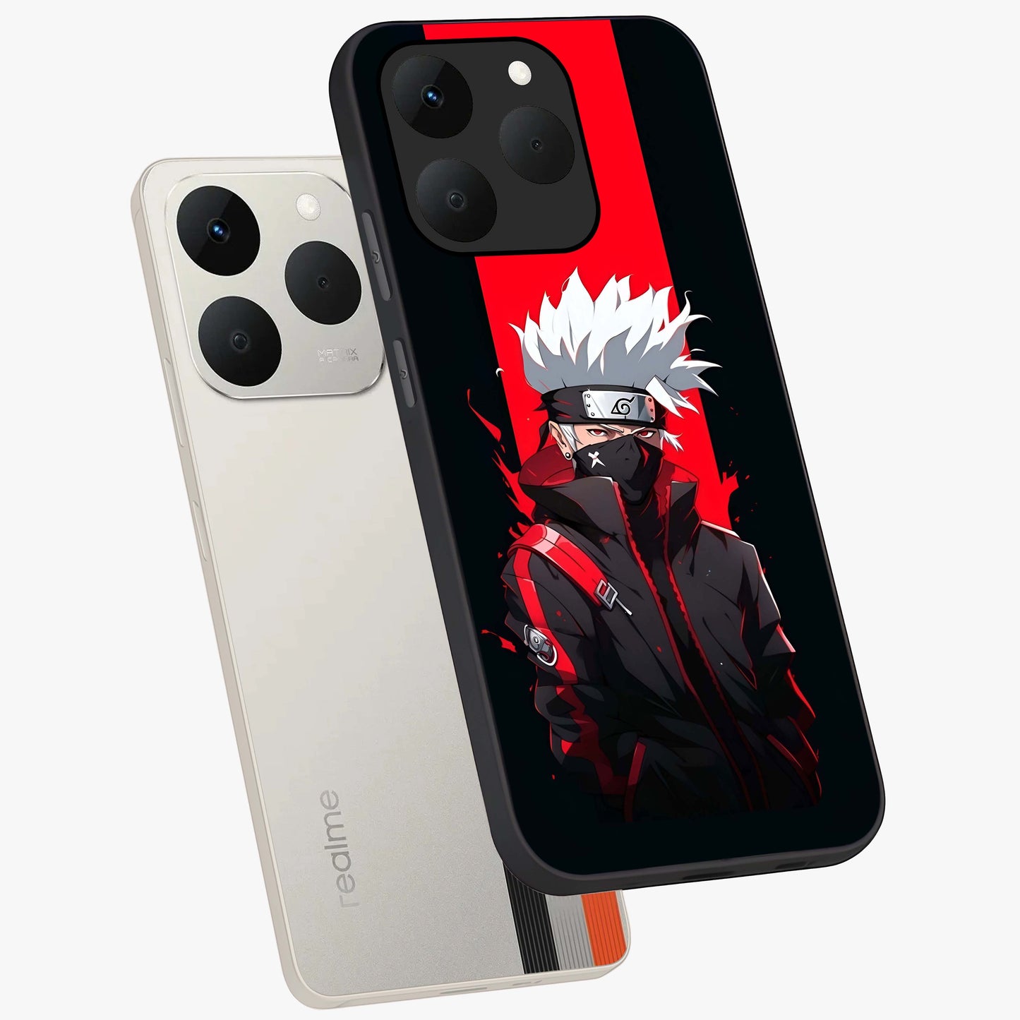 Kakashi Scarlet Shadow Glass Case displayed in angled mockup highlighting dramatic ninja illustration with scarlet themed aesthetic.