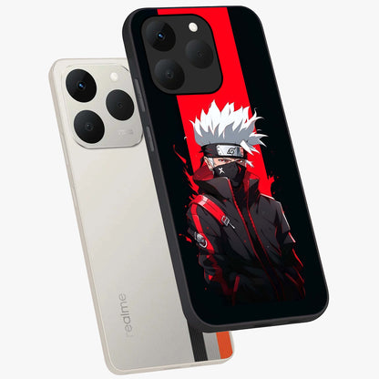 Kakashi Scarlet Shadow Glass Case displayed in angled mockup highlighting dramatic ninja illustration with scarlet themed aesthetic.