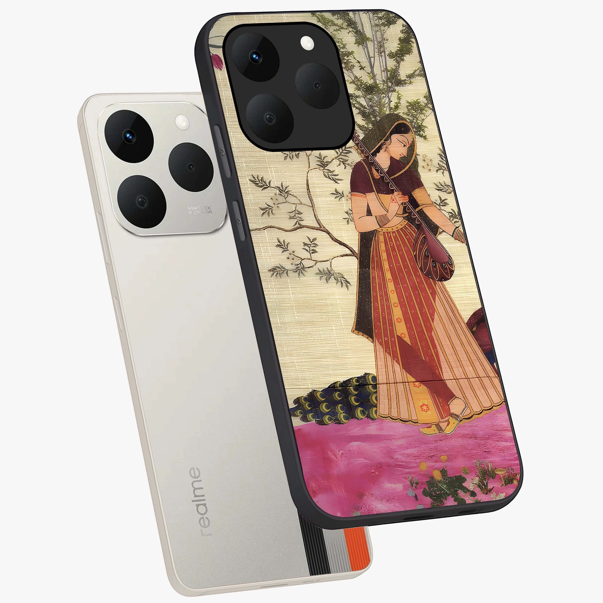 Lady With Veena Art Glass Case displayed in angled mockup highlighting graceful musical illustration with cultural artistic aesthetic.