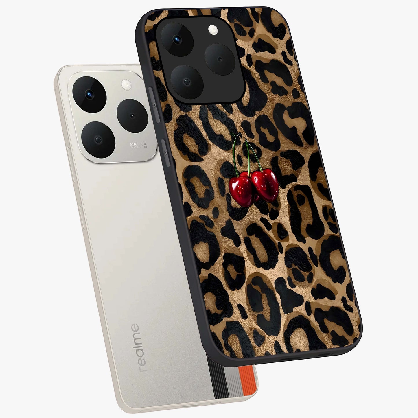 Leopard Wild Cherry Glass Case displayed in angled mockup highlighting bold animal print design with playful cherry aesthetic.