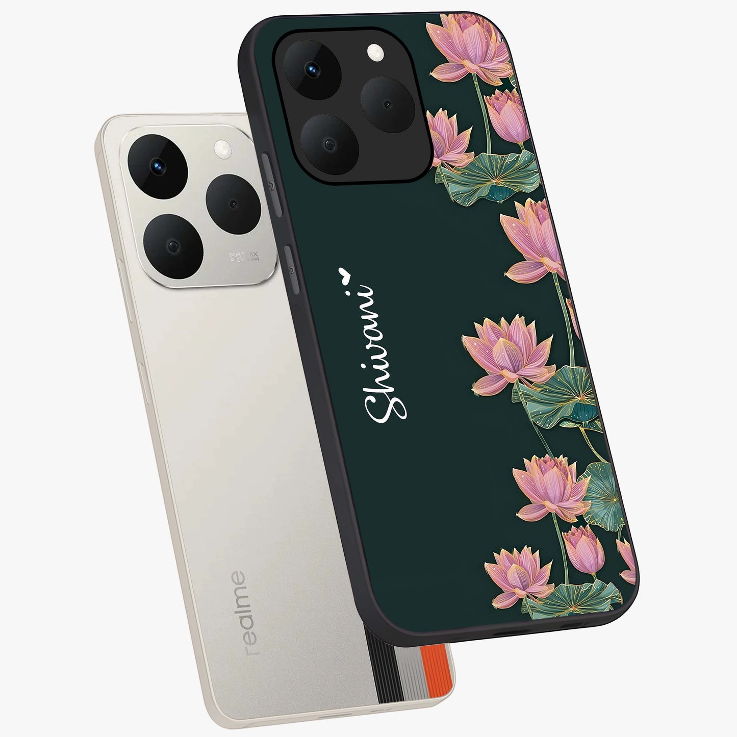 Lotus Bloom Serenity Custom Name Glass Case displayed in angled mockup highlighting graceful lotus illustration with custom name feature.