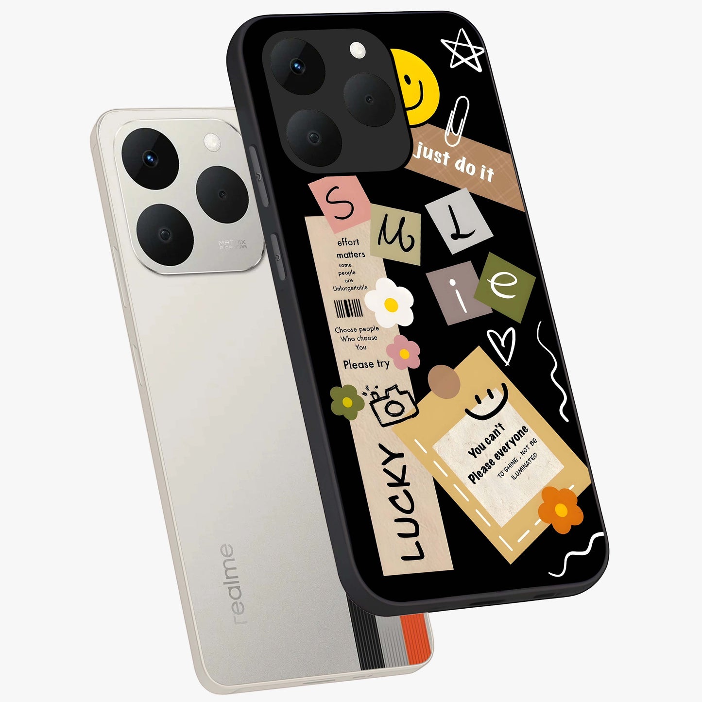 Lucky Aesthetic Collage Glass Case displayed in angled mockup highlighting stylish collage pattern with modern aesthetic vibe.