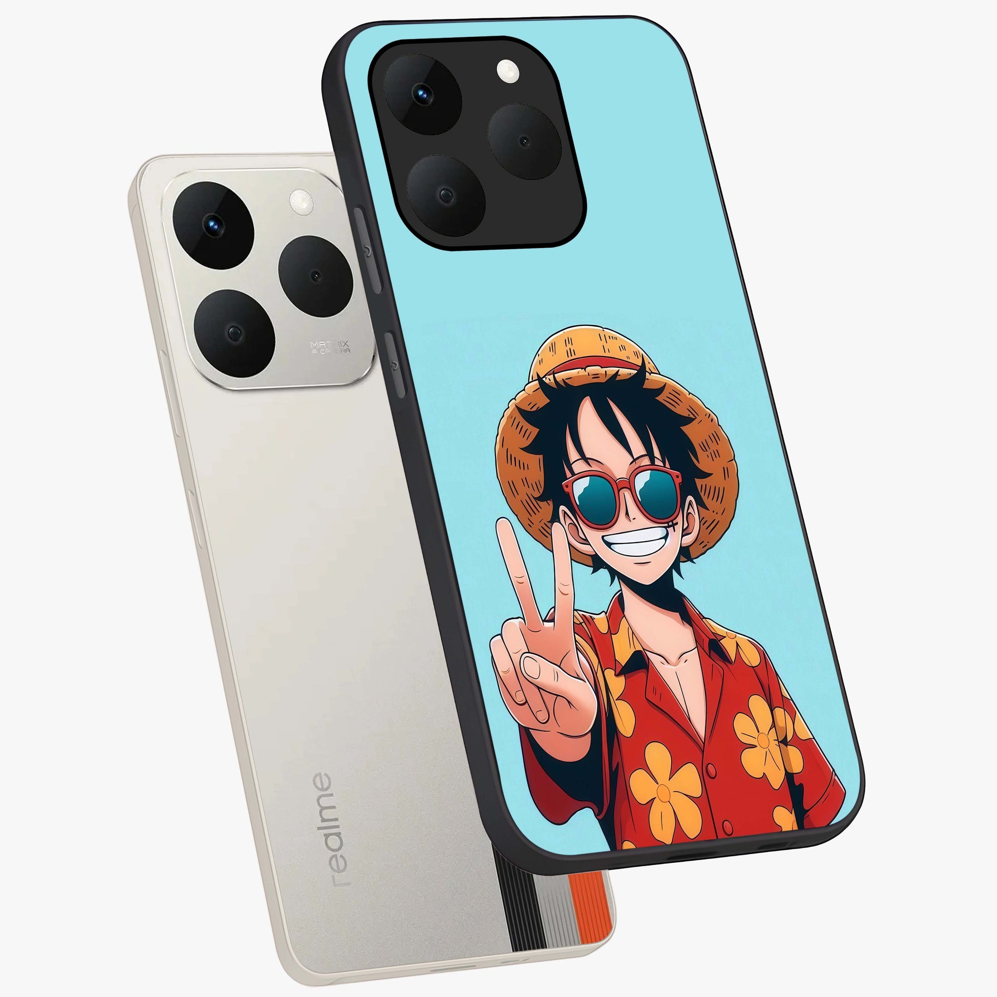 Luffy Summer Anime Vibe Glass Case displayed in angled mockup highlighting energetic anime illustration with summer vibe aesthetic.