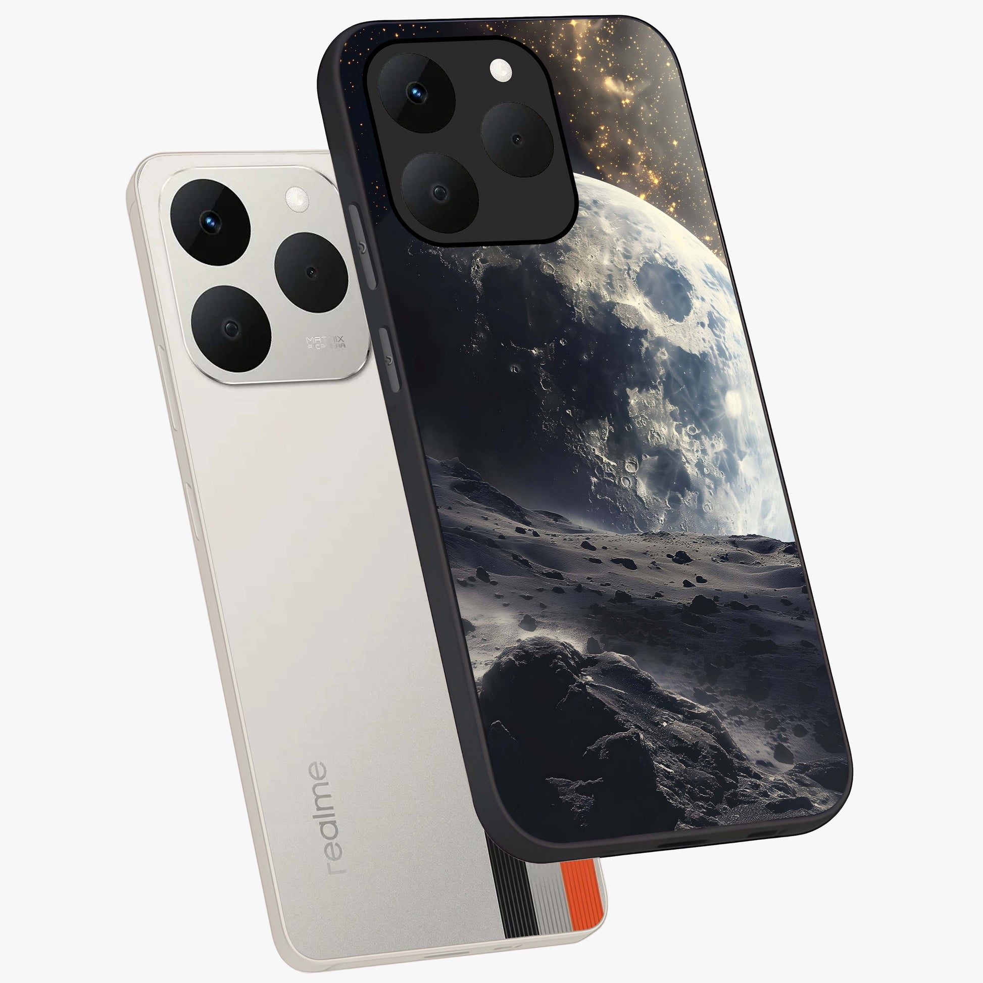 Lunar Horizon Glow Glass Case displayed in angled mockup highlighting celestial moon design with dreamy night aesthetic.