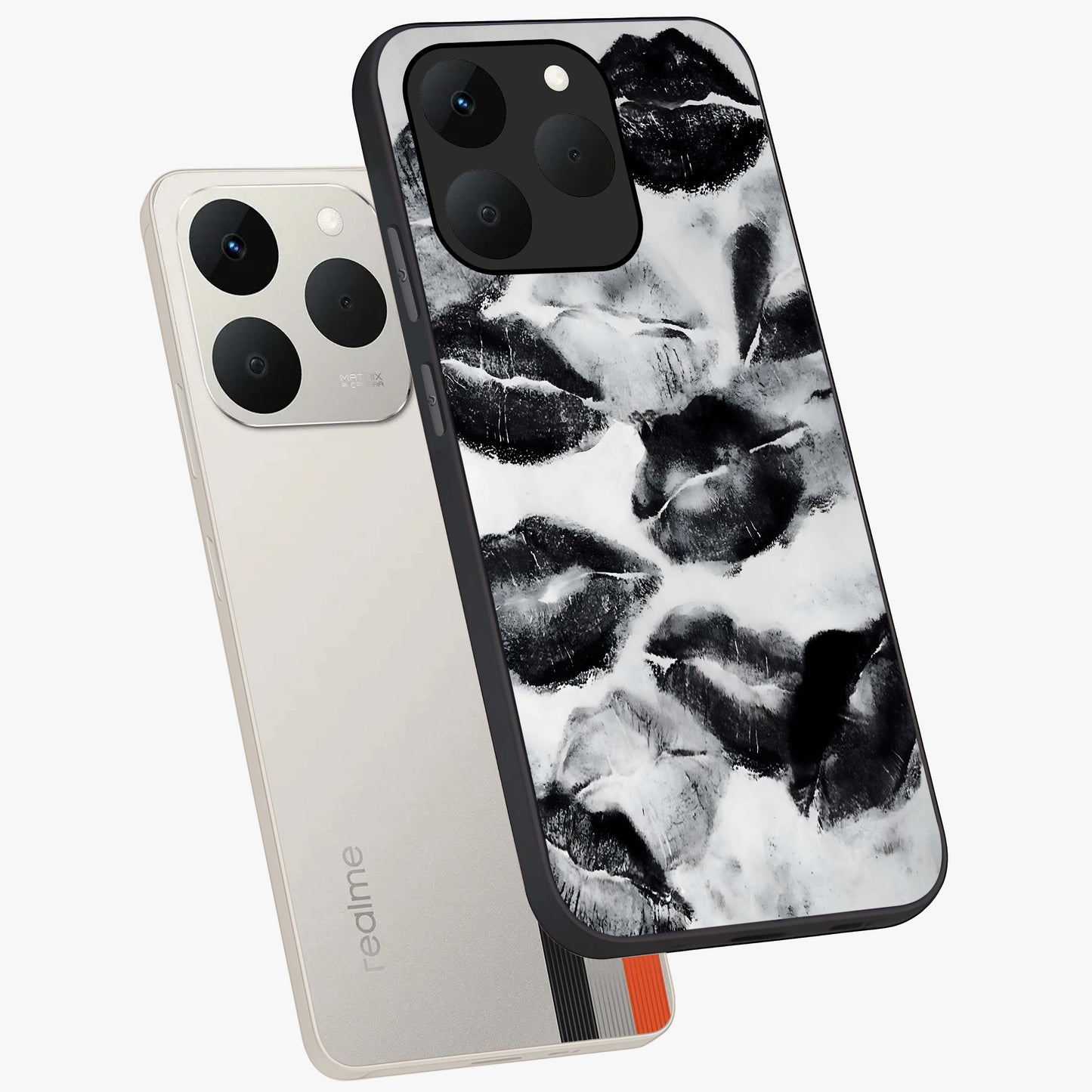 Midnight Kiss Marks Glass Case displayed in angled mockup highlighting playful romantic design with bold midnight aesthetic.