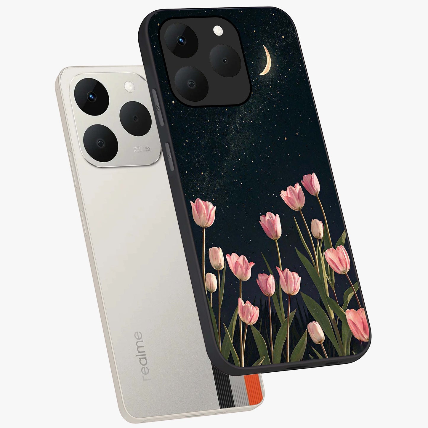 Midnight Tulip Whispers Vibe Glass Case displayed in angled mockup highlighting delicate tulip design with midnight floral aesthetic.