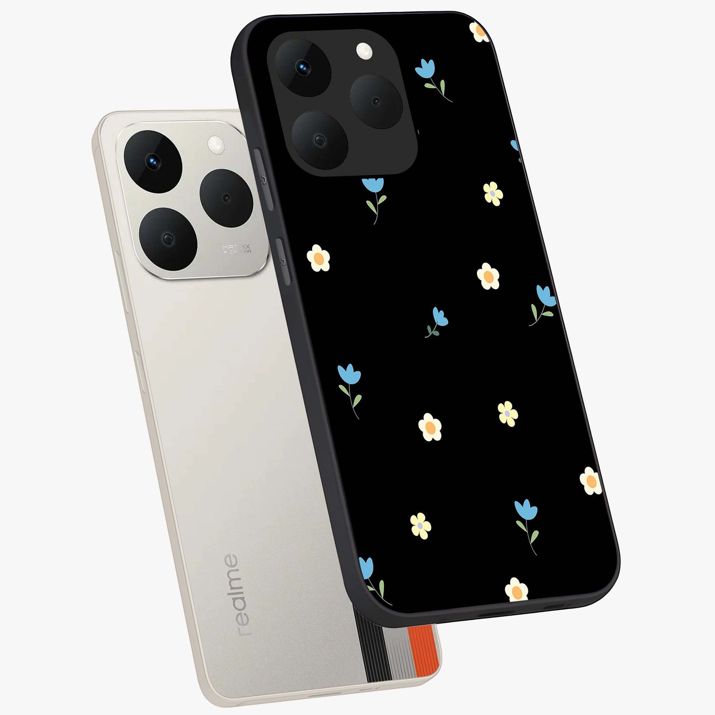 Minimal Petal Whispers Glass Case displayed in angled mockup highlighting delicate petal design with clean minimal aesthetic.