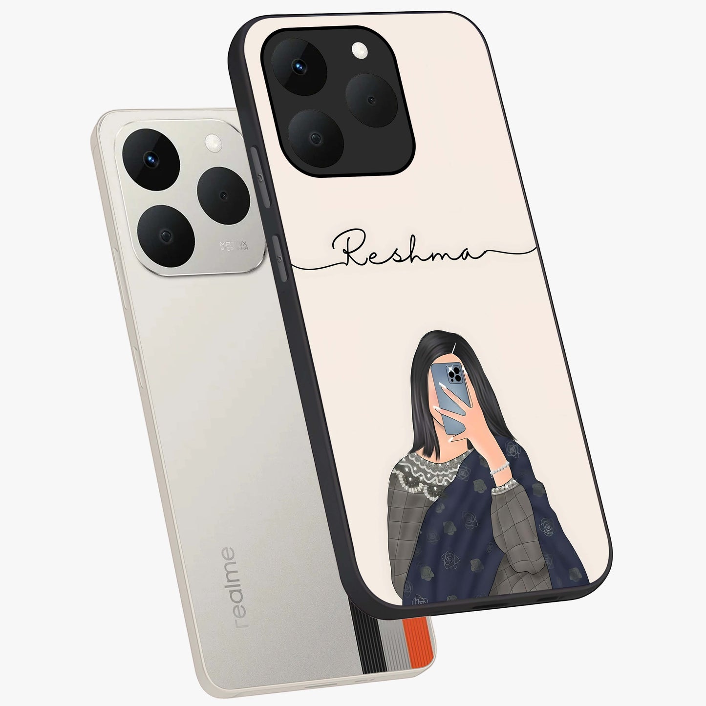 Mirror Mood Muse With Custom Name Glass Case displayed in angled mockup highlighting aesthetic mirror inspired design with custom name feature.