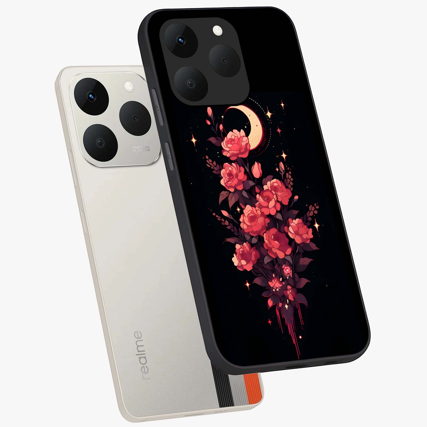 Moonlit Floral Elegance Glass Case displayed in angled mockup highlighting graceful flower design with soft moonlight aesthetic.