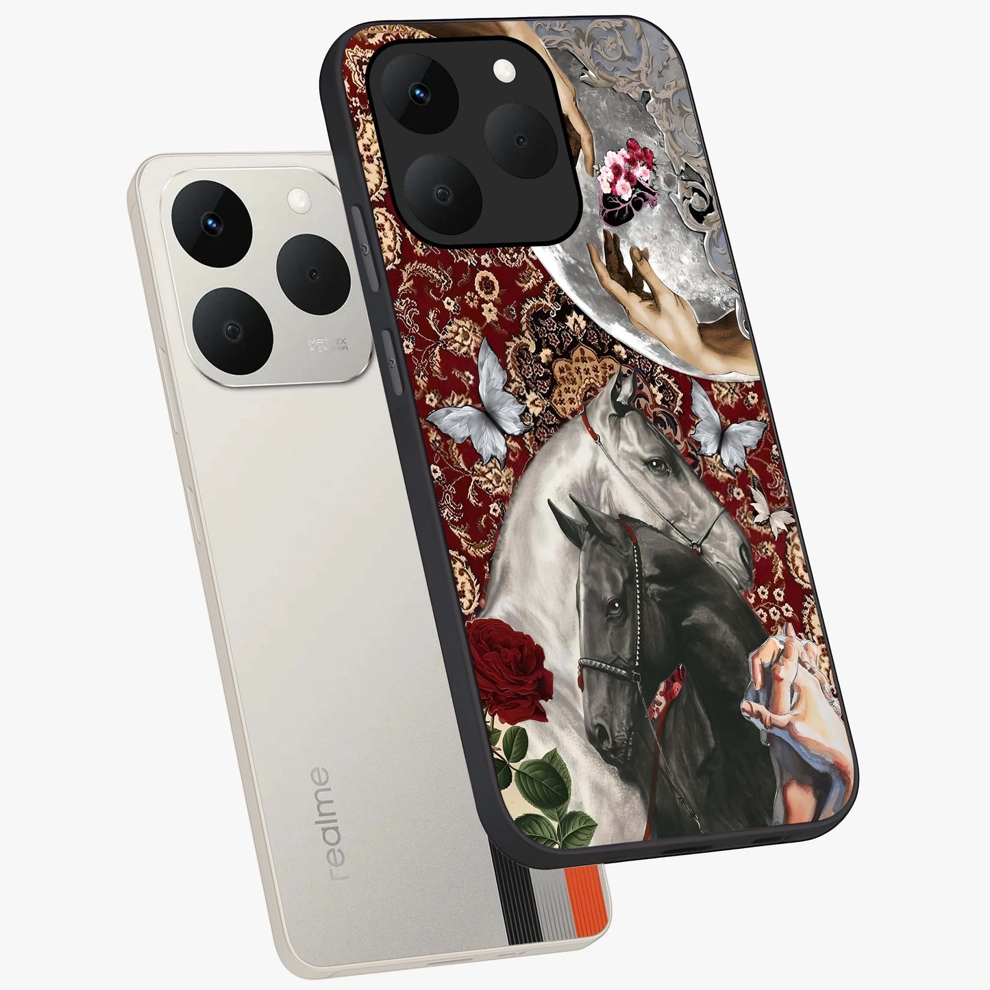 Moonlit Royal Stallion Glass Case displayed in angled mockup highlighting powerful stallion illustration with royal night aesthetic.