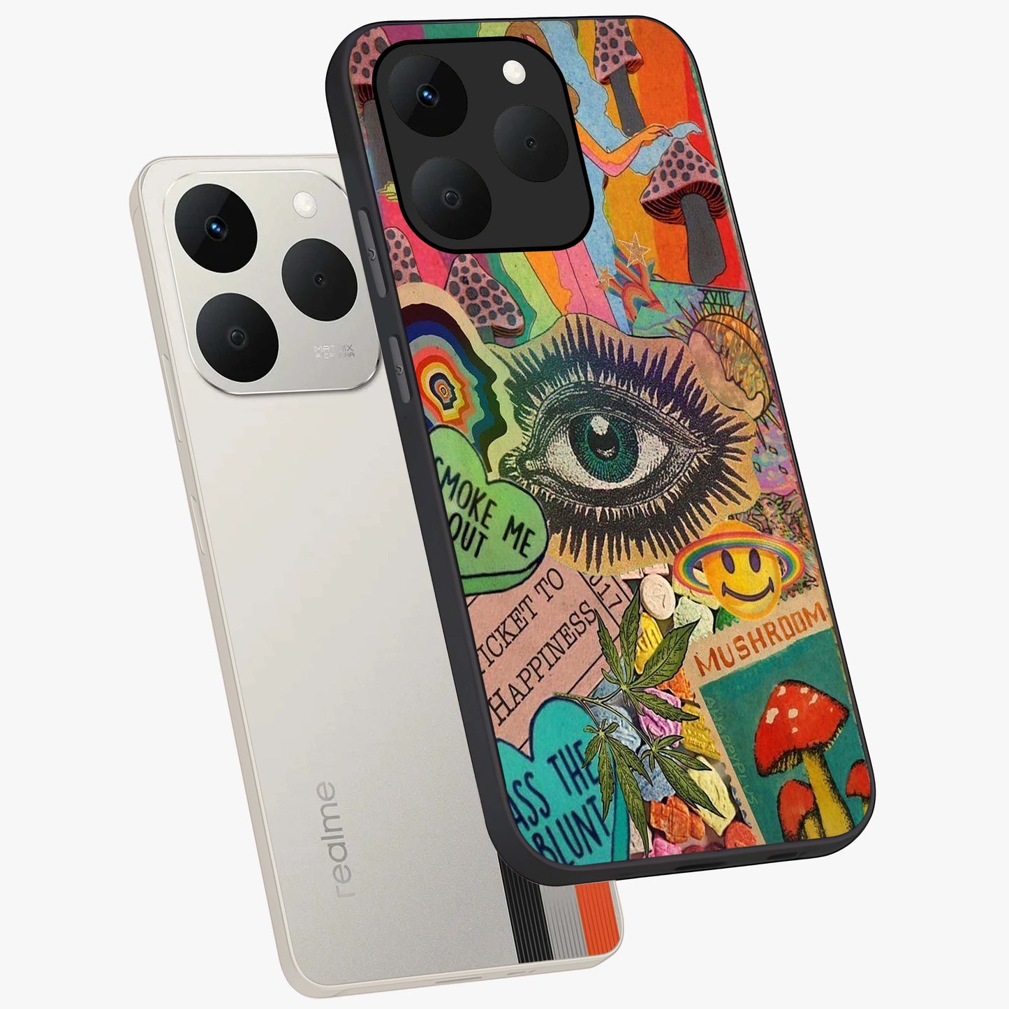 Mystic Eye Wonderland Glass Case displayed in angled mockup highlighting magical eye illustration with dreamy aesthetic.