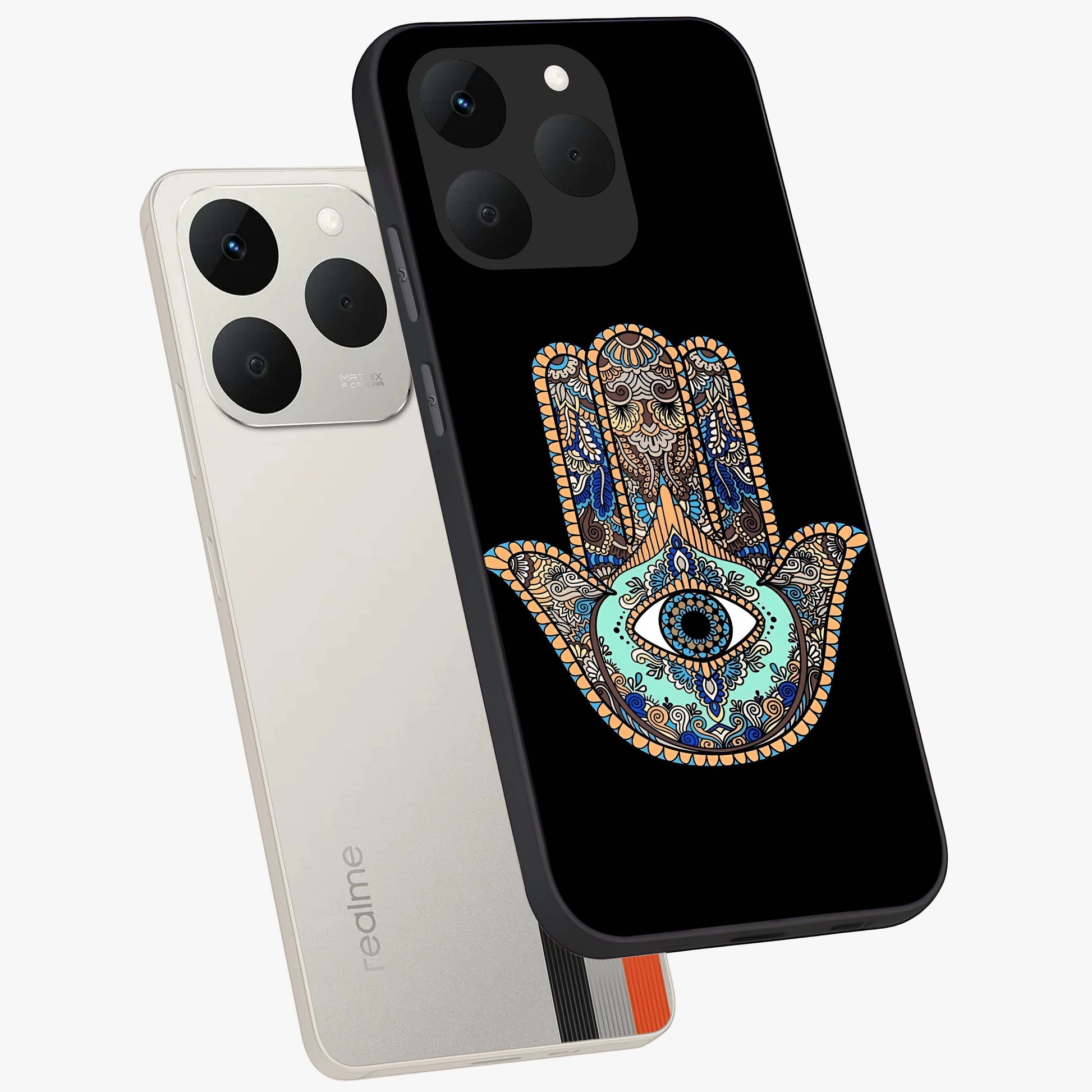 Mystic Hamsa Eye Glass Case displayed in angled mockup highlighting spiritual hamsa symbol with mystical aesthetic style.
