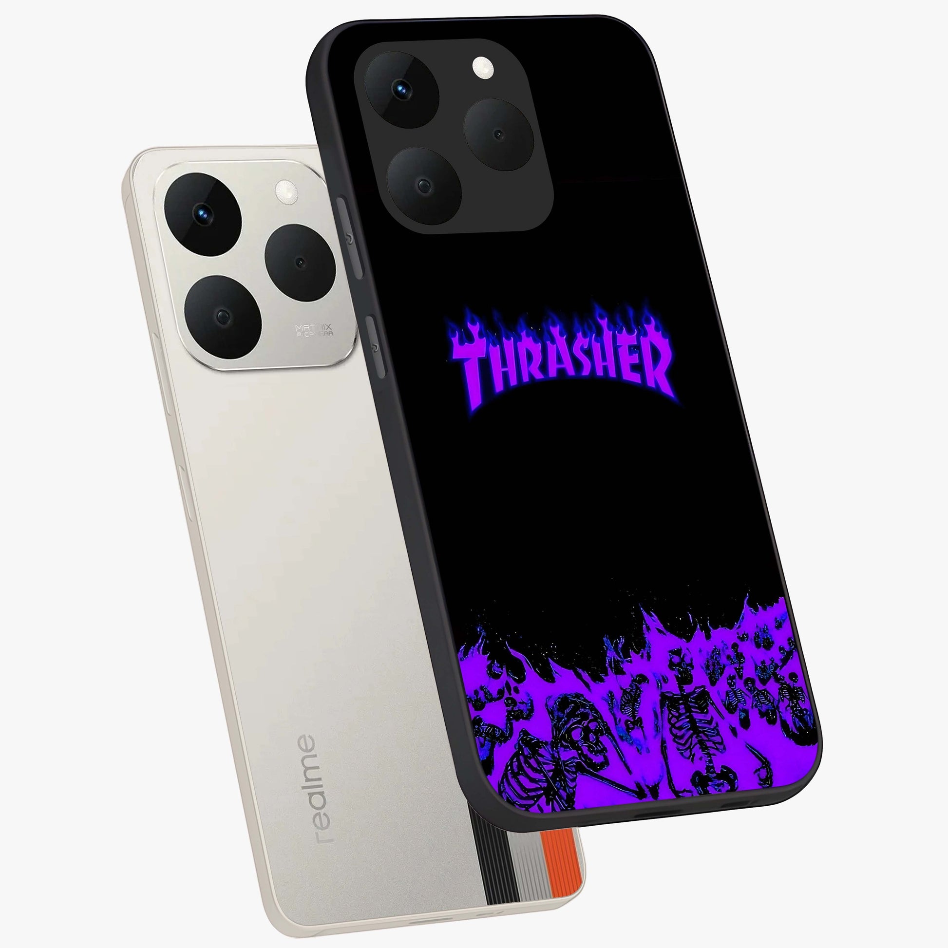 Neon Flame Riot Glass Case displayed in angled mockup highlighting glowing flame design with vibrant neon aesthetic.
