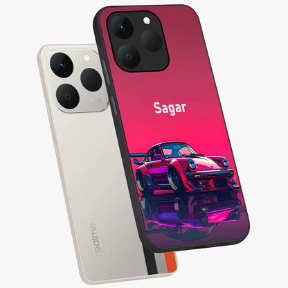Neon Pink Porsche Glass Case displayed in angled mockup highlighting sleek neon pink car design with racing aesthetic.